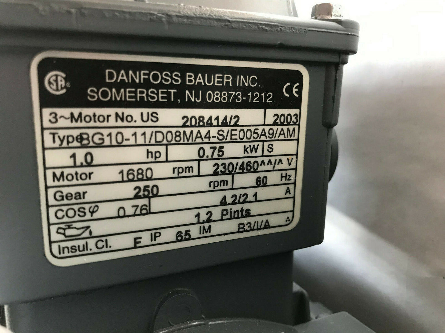New Danfoss Bauer Bg10-11/D08ma4-S/E005a9/Am 3Phase Motor,1Hp,1680Rpm,Bg10-11,Th