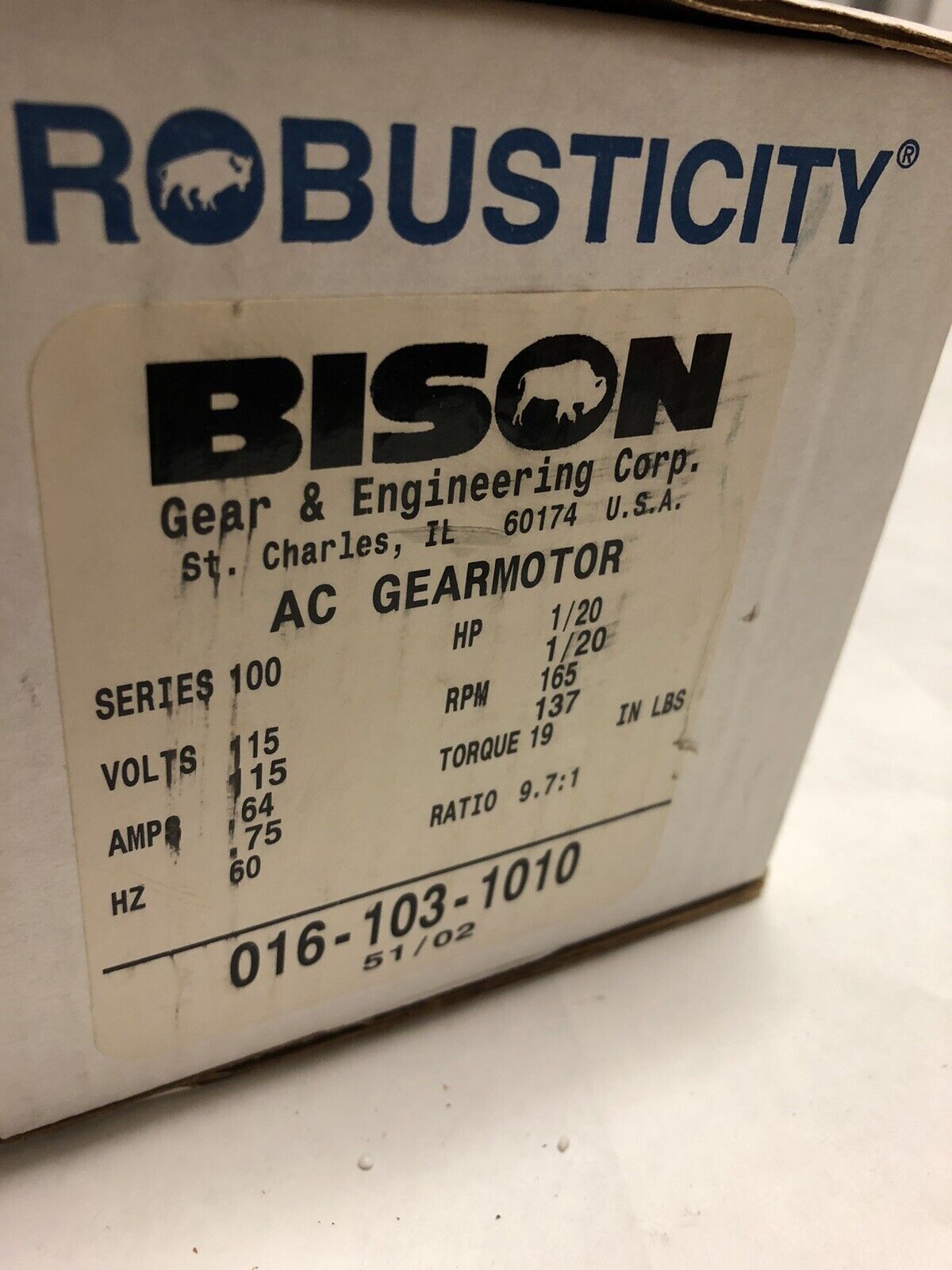 New Bison 016-103-1010 Gear Motor Gearmotor 1/20Hp Ratio 10:1 165Rpm,Ey,Di
