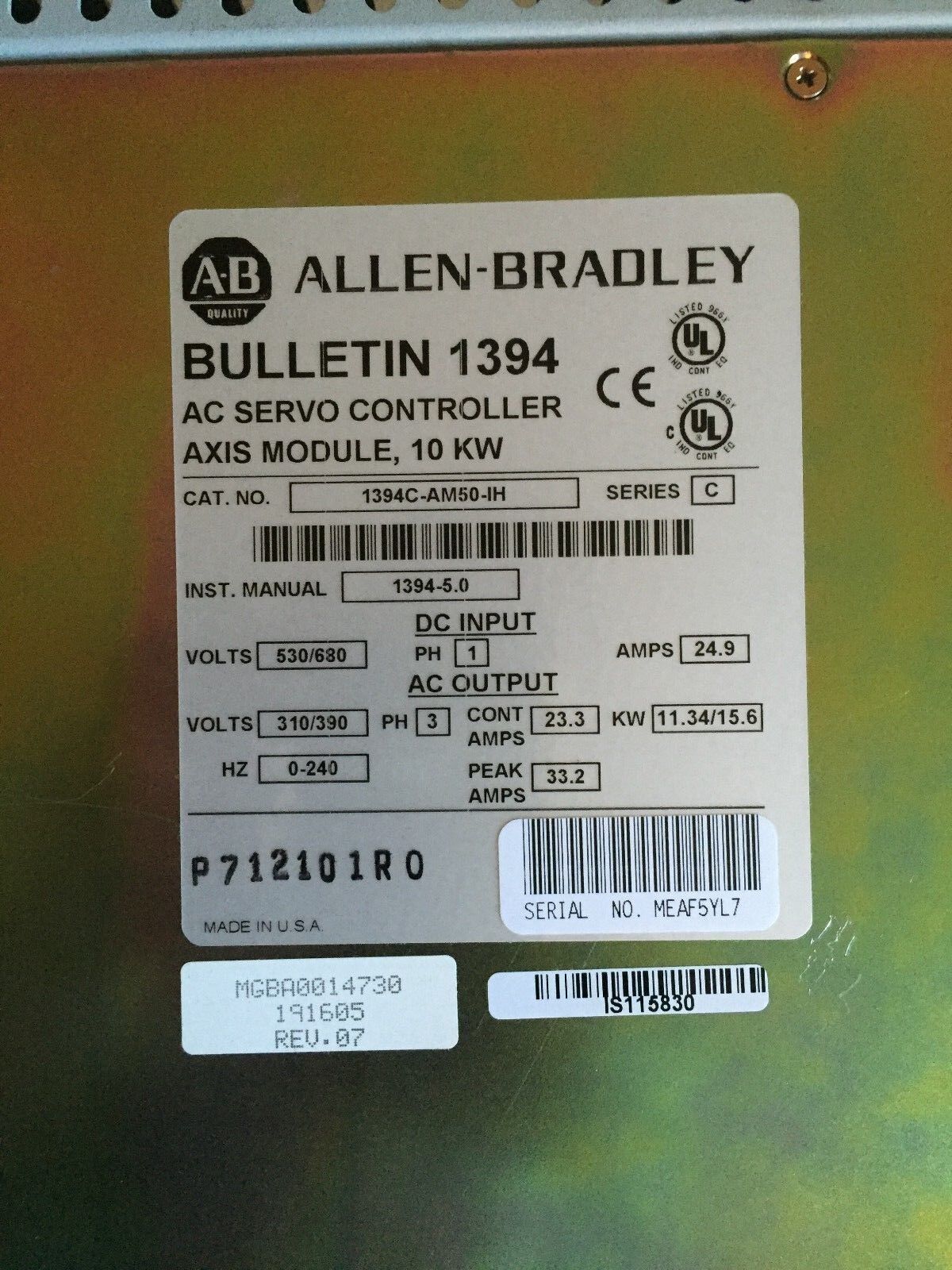Allen Bradlley 1394C-Am50-Ih Ac Servo Controller 10 Kw,1394C-Am50-1H,Al,Ff