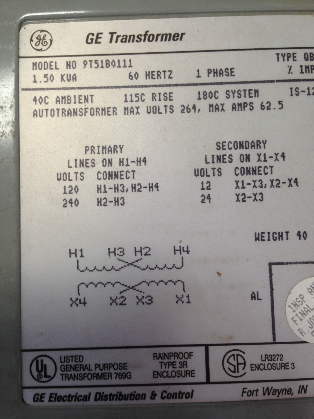 New Ge 9T51b0111 General Electric Transformer Type Qb 1.50Kva 1Ph 60Hz,Eg