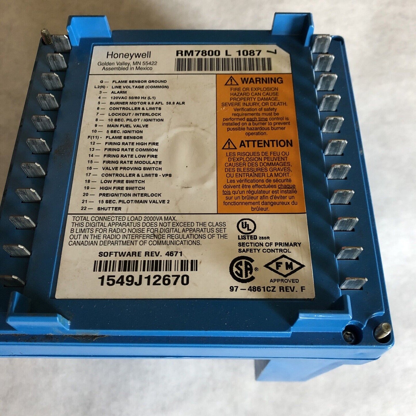 Honeywell Rm7800 L 1087 Burner Primary Controller Rm7800l1087,Rm7800l 1087,Et,Er