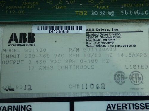 Abb G01700 Ac Drive,G01700a00, 3-Phase, 208-460 Vac,Bd