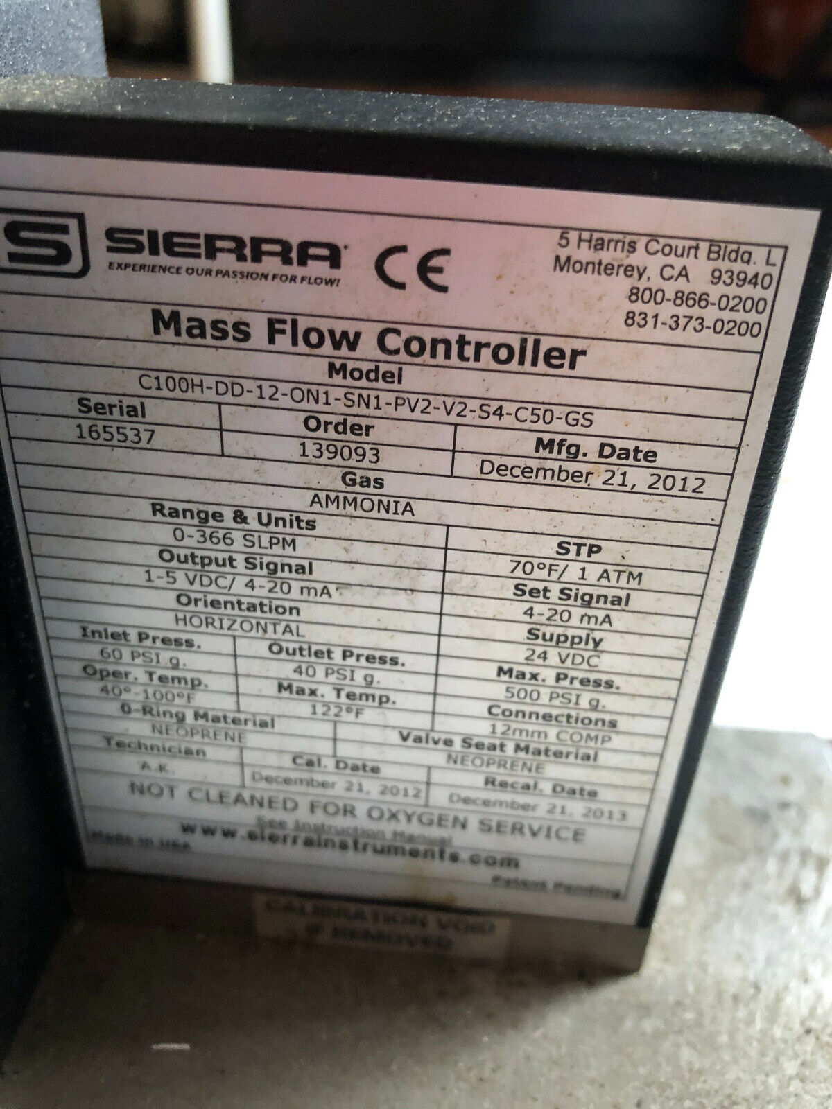 Sierra C100h-Dd-12-On1-Sn1-Pv2-V2-S4-C50-Gs Mass Flow Controller,Smarttrak100,Td