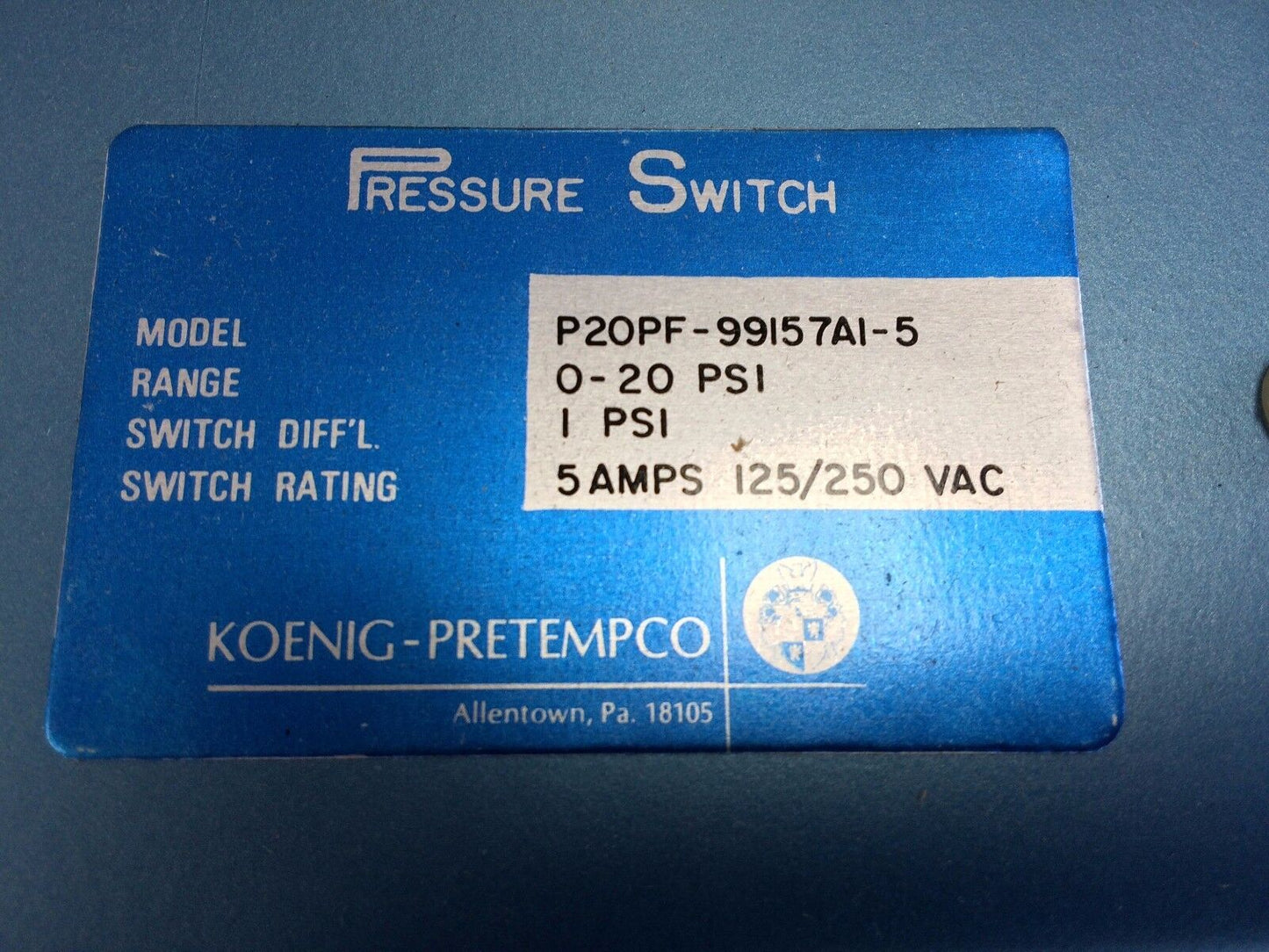 New Koenig Pretempo P20pf-99157A1-5 Pressure Switch 0-20Psi 5A, 125/250Vac,Se