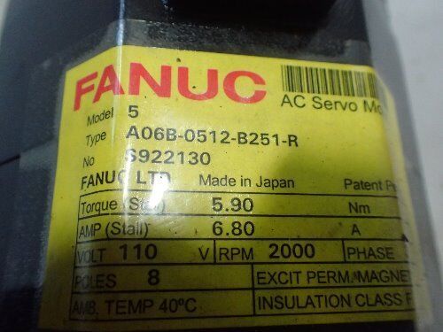 Fanuc A06b-0512-B251-R,Fanuc 5 Ac Servo Motor 110V 2000Rpm,Repaired,Bo