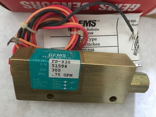 New Imo Gems Flow Switch Sensor Fs-930 51594  75Gpm 300,.75 Gpm,Al