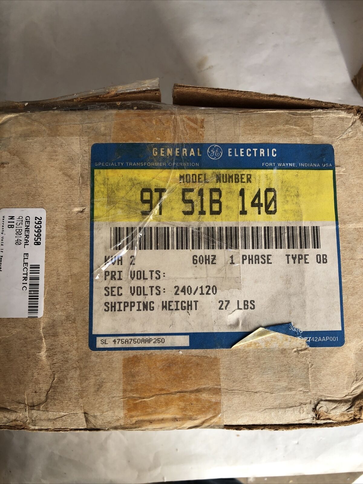 New General Electric Ge 9T51b140 Transformer 0.75Kva 1Ph 120Vpr ,Dh