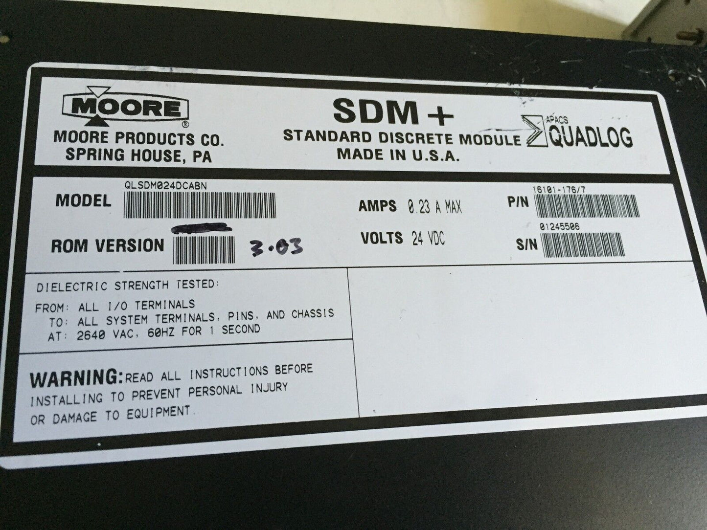 Moore Qlsdm024dcabn, Sdm + Sdm 24Vdc 0.23Amp Apacs Quadlog, Sdm+ 24 Vdc,Tg