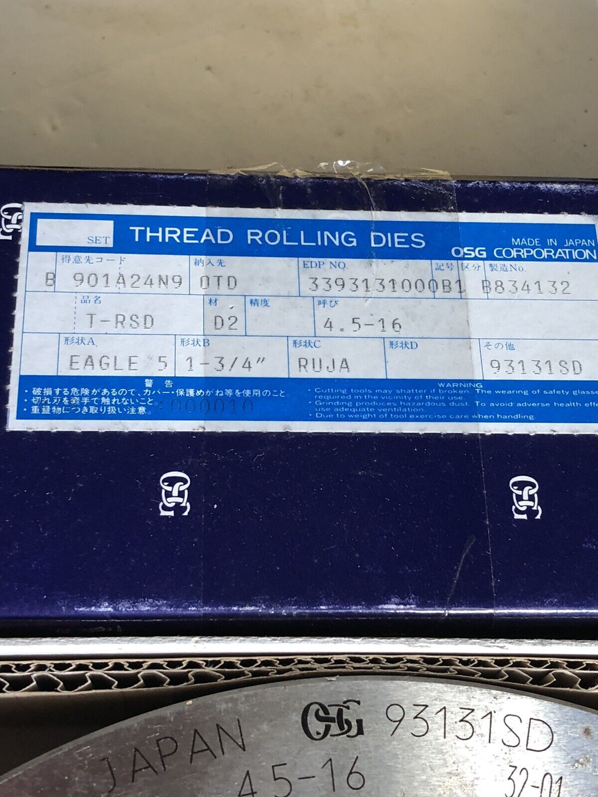 Osg Type B Eagle Precision Thread Rolling Dies,99111Sd,93131Sd,4.5-16, 32-01,Tk