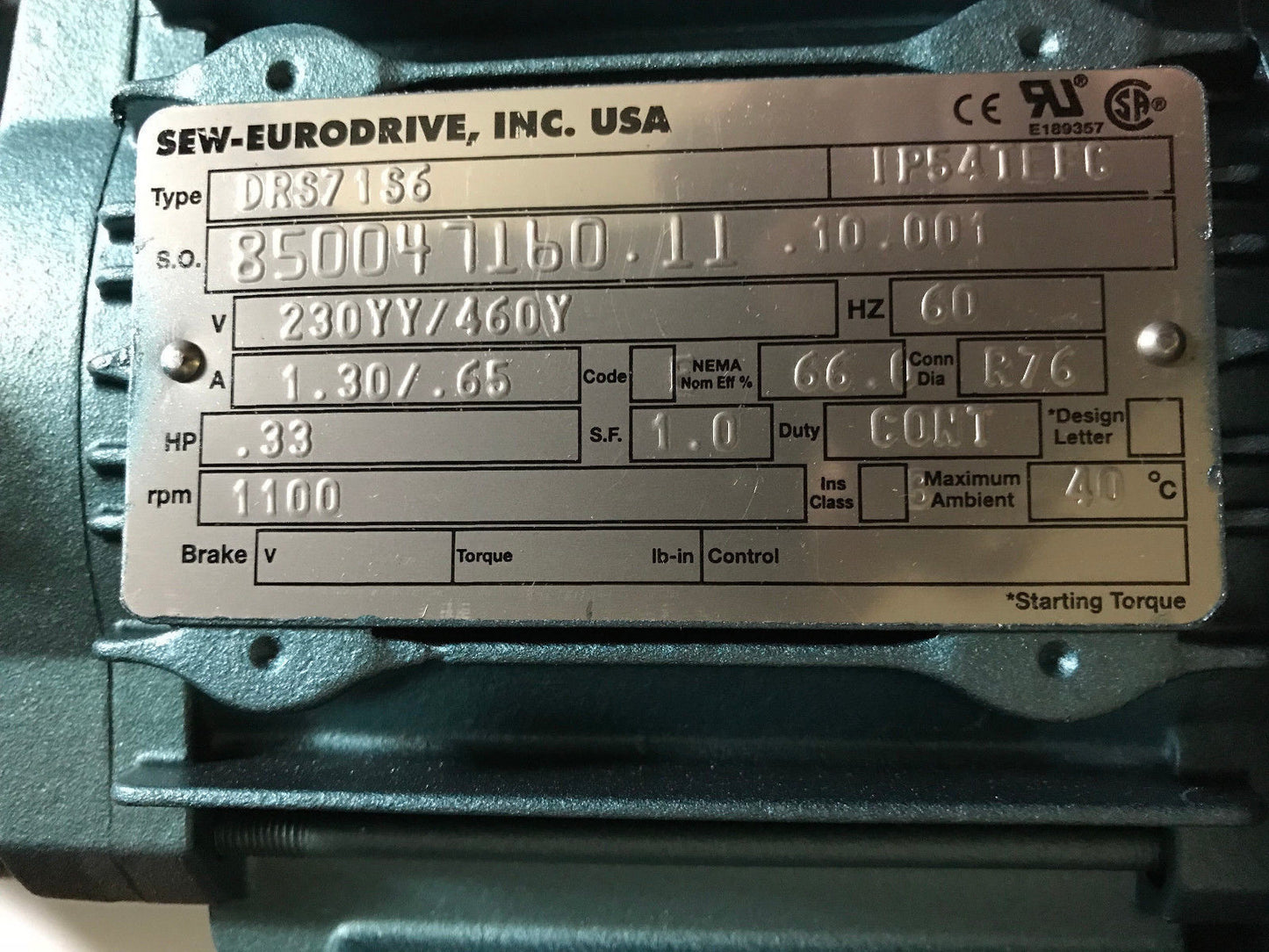 Sew-Eurodrive Drs71s6,Saf47drs71s6 Gearmotor .33Hp 1100Rpm 230Yy/460Y Cont,Ae