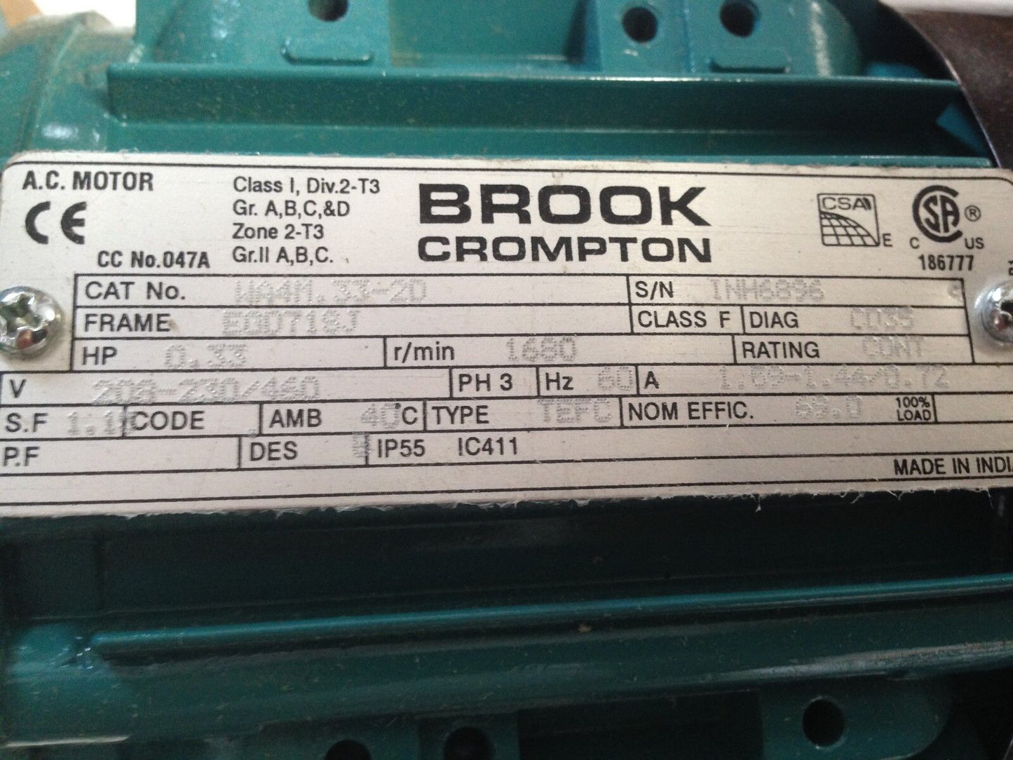 Brook Crompton Wa4m.33-2D Ac Motor,0.33-Hp,Eq071sj 1680-Rpm,3Ph,Egd71sj,1800,De
