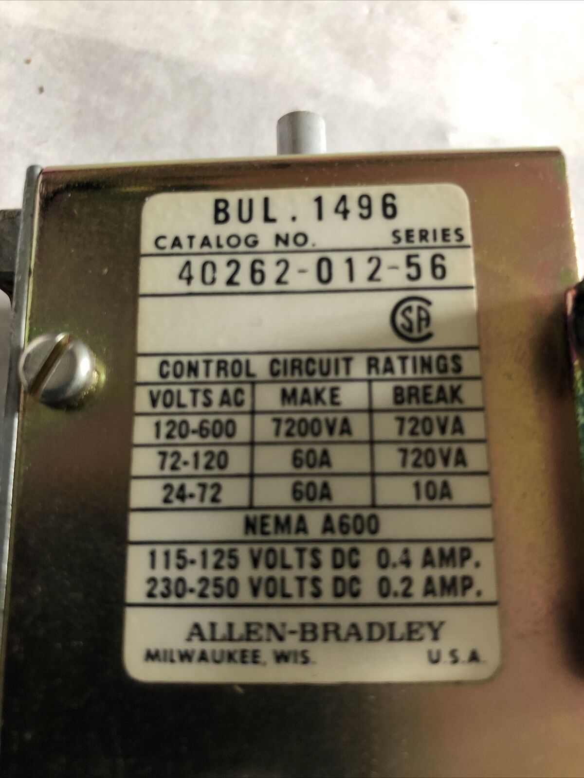 Allen Bradley 40262-012-56,Bul 1496  Timing Mechanism,Sr