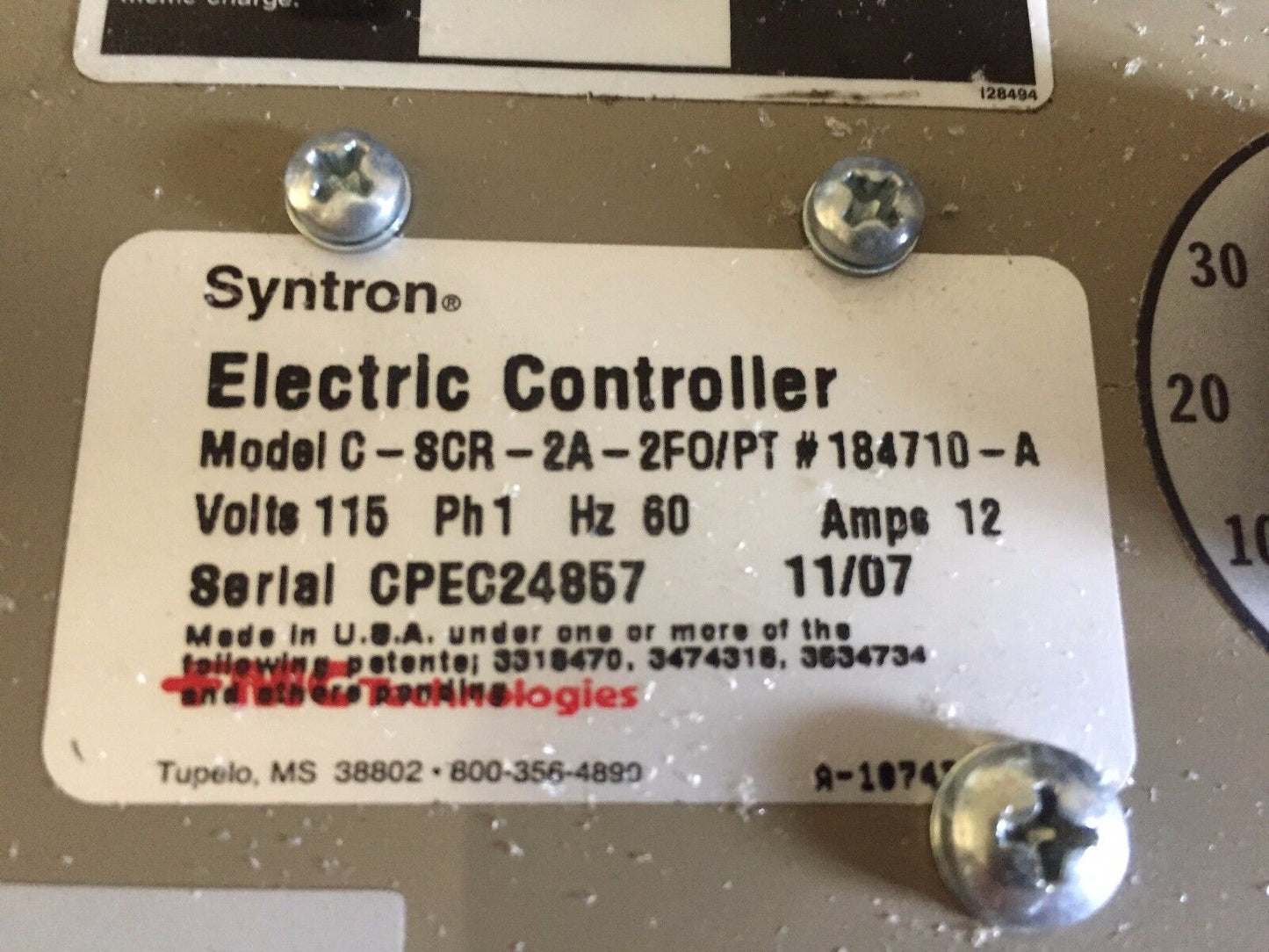 Syntron C-8Cr-2A-2Fo/Pt,#184710-A 112V Ph1 12A Electric Controller,Av