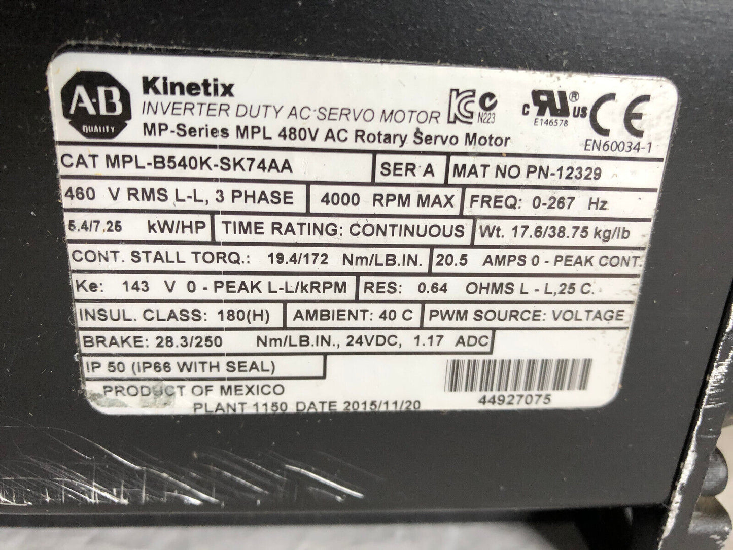 New Allen Bradley Mpl-B540k-Sk74aa Ac Rotary Servo Motor,4000Rpm,Mpl 480V Ac,Am