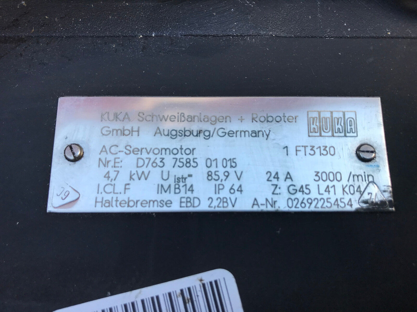 Kuka 1 Ft3130 Ac Servo Motor,026925454,4.7Kw,3000 Rpm,85.9 V,24A,D763 7585,Ak,Tg
