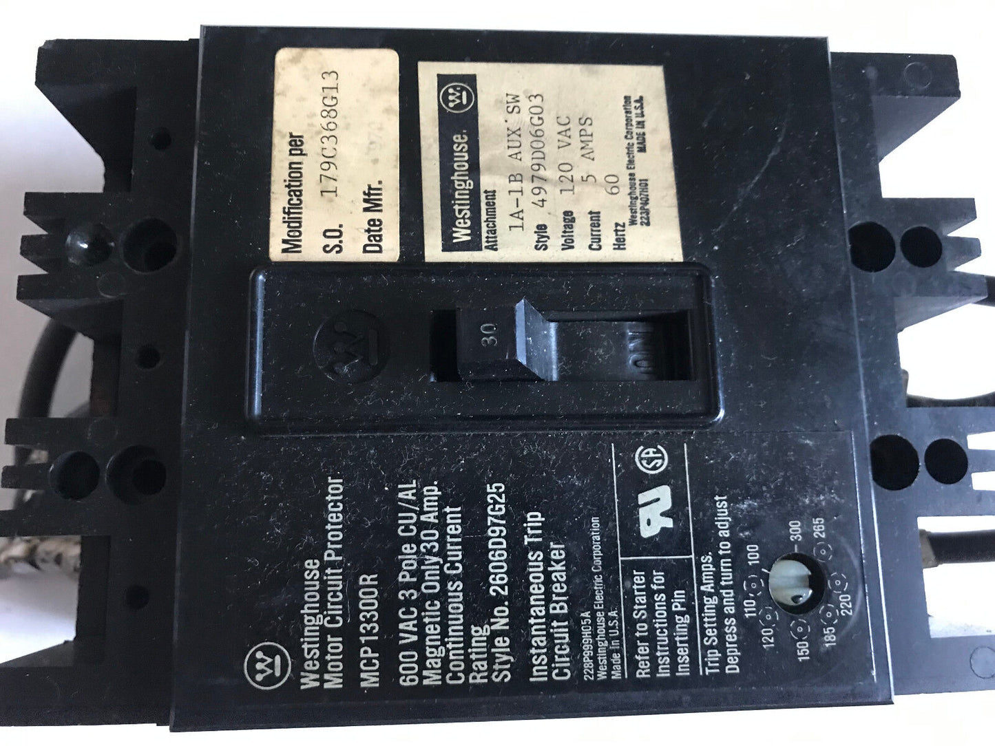 Westinghouse 4979D06g03 Circuit Breakers,30A,1A-1B Aux Mcp13300r,5Amps,Et