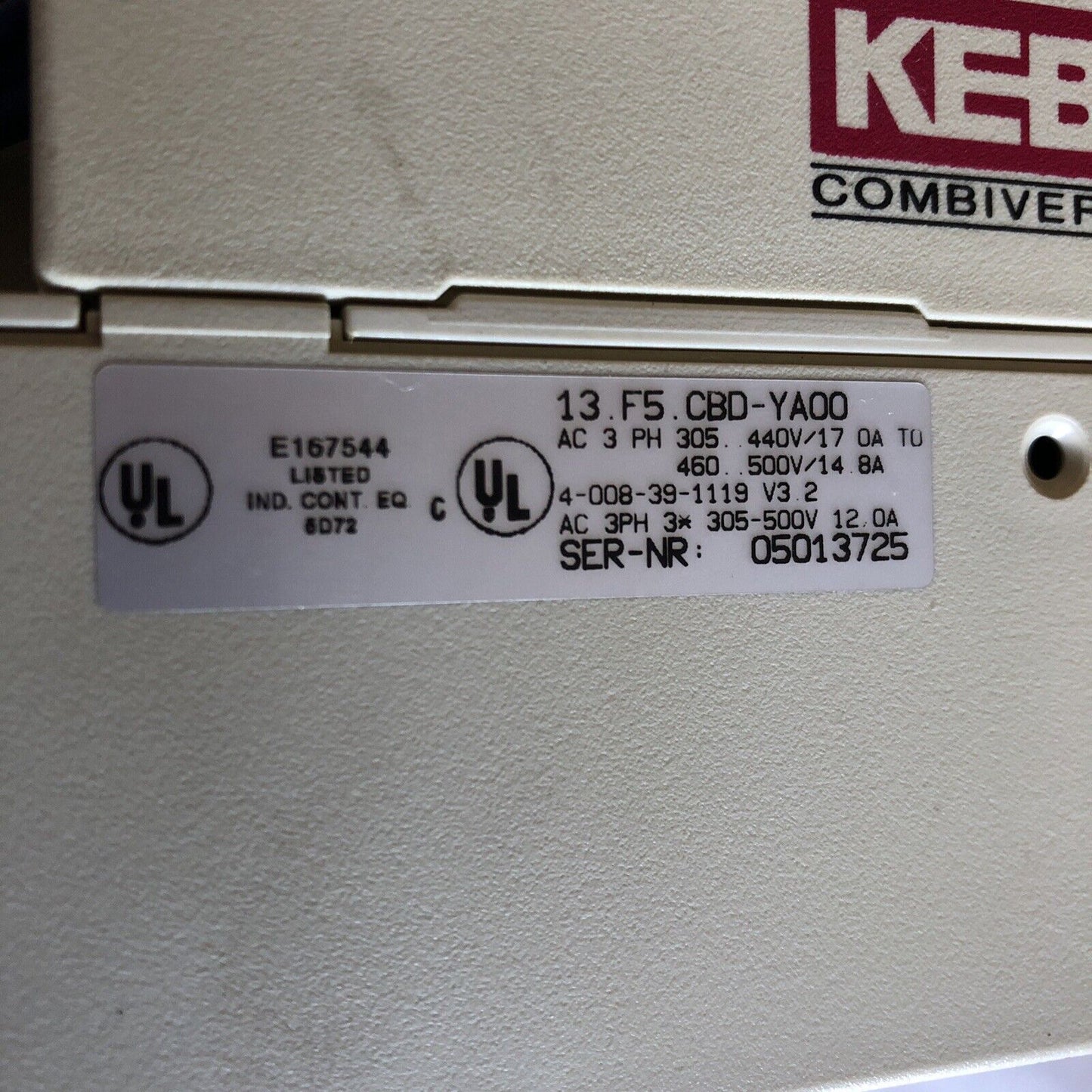Keb 13.F5.Cbd-Ya00,8.3Kva,13.F5.Cbd-Yaoo Combiver Drive,3Ph,305-500V,Ea