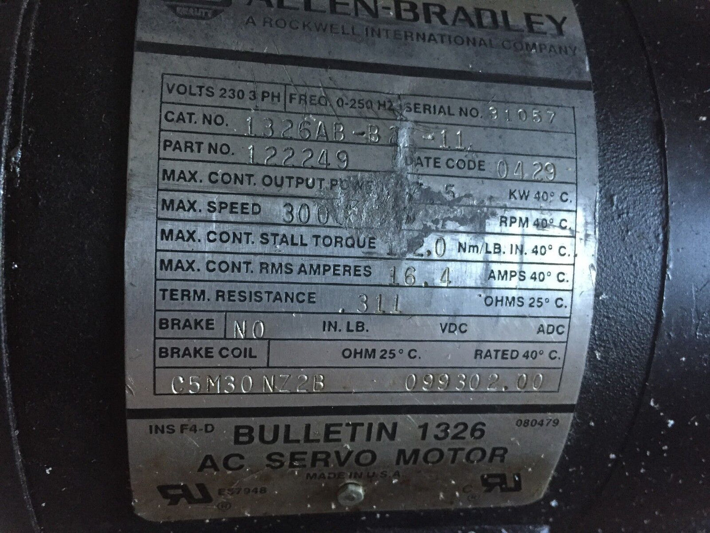 Allen Bradley 1326Ab-B2t-11,22249,1326Ab-B27-11 Ac Servo Motor,1326Ab-B23-11,Ex