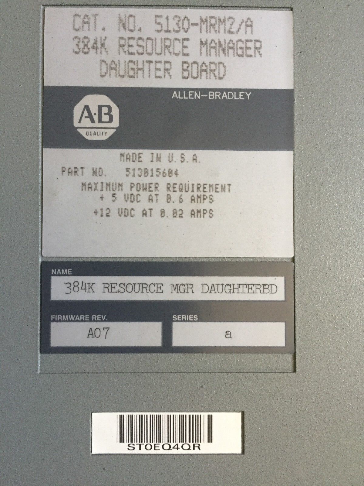 Allen Bradley 5130-Mrm2/A, 384K Resource Manager Daughter Board,En,Ew