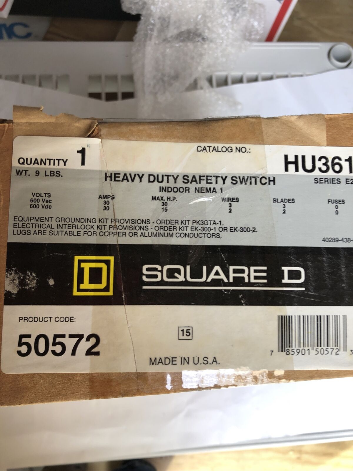 New Square D Hu361 Disconnect Switch Enclosure,600Vac,30A,30-Hp,Nema 1,Switch,Fk