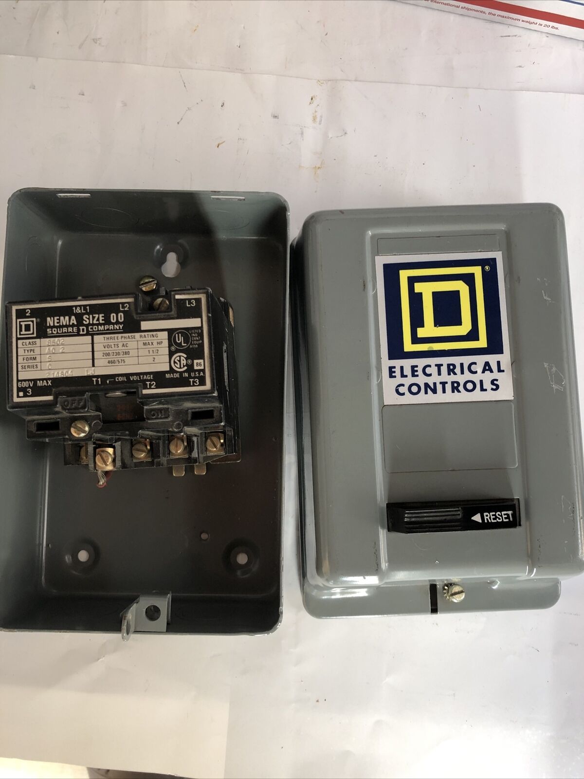 New Square D Nema Size 00 A02 Starter 8502 Ao2,208V Coil,8502 A02,1 1/2Hp,Fl