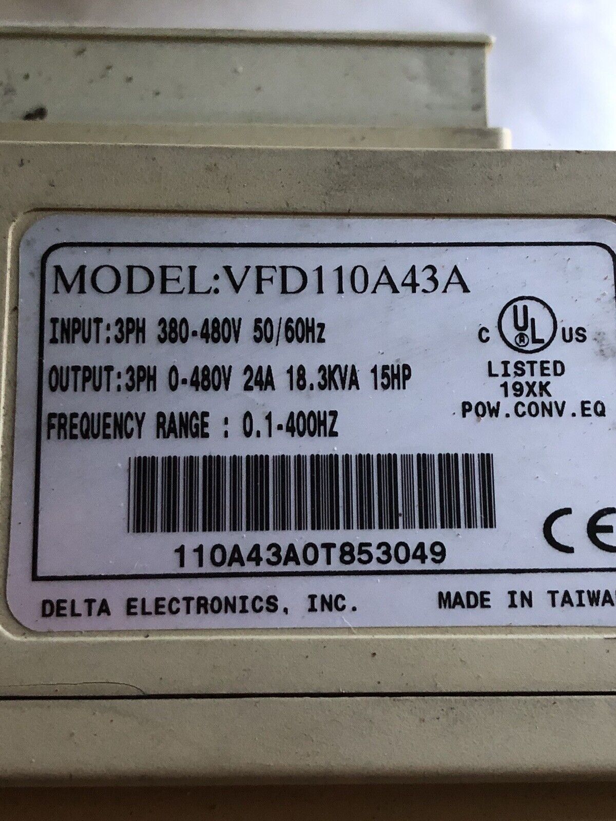 Delta Vfd110a43a Drive,3Ph,3811083702,15 Hp, 380-480V (No Front Cover),Tb