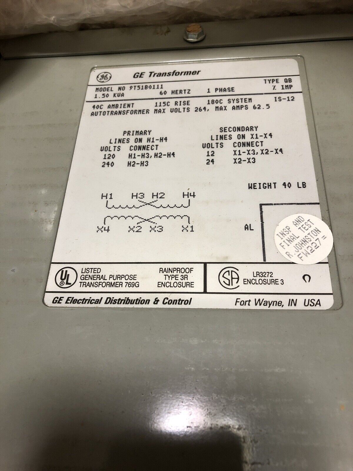 New Ge 9T51b0111 General Electric Transformer Type Qb 1.50Kva 1Ph 60Hz,Eg