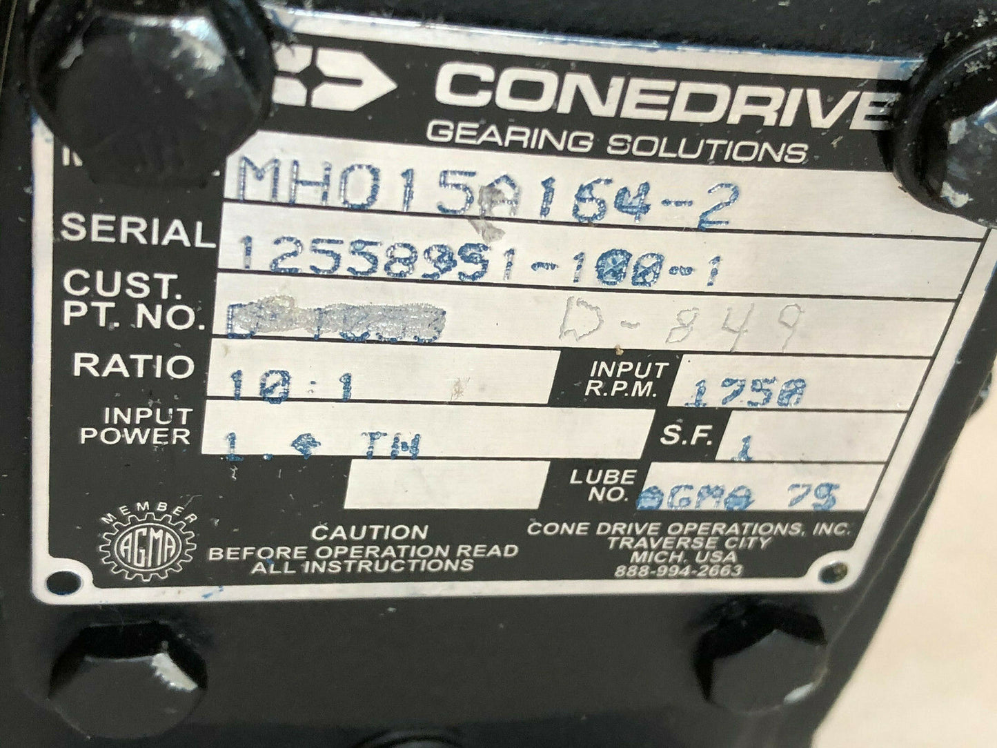 New Conedrive Mh015a164-2 Angle Gear Reducer,10:1 Ratio,D-849,15-M20-48-A,Bw,Tm