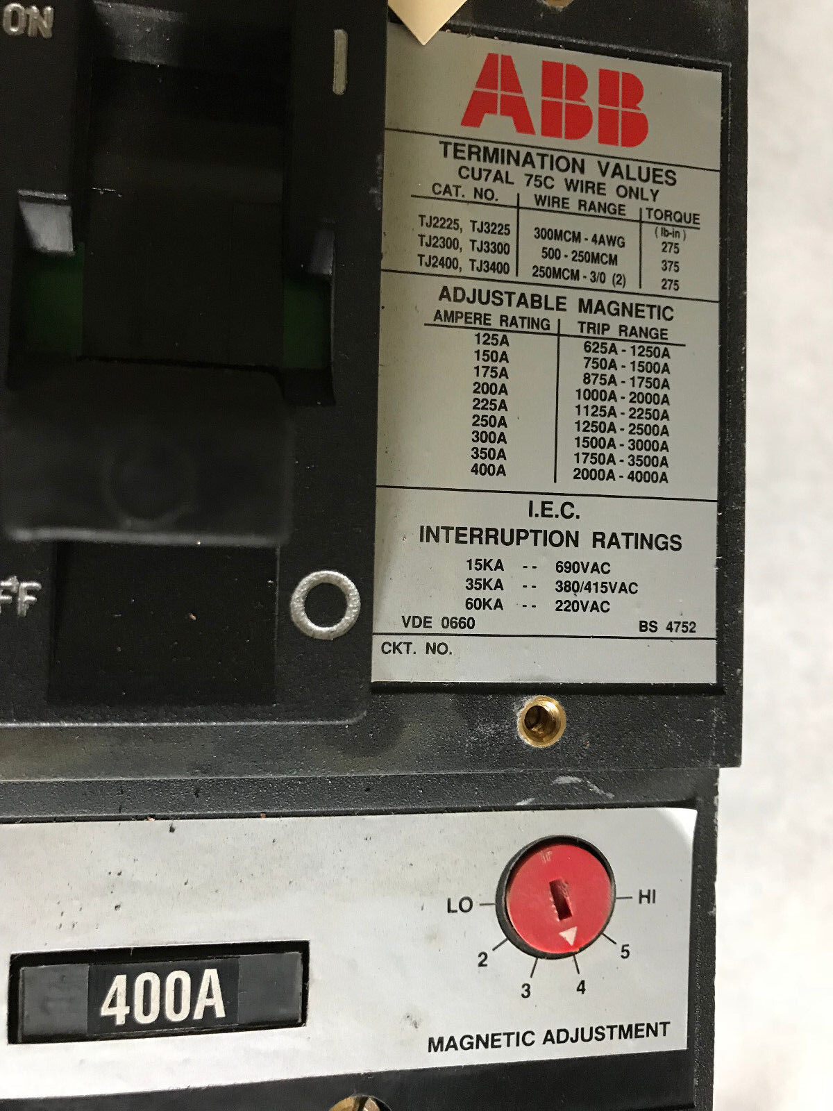 Abb Sp-9954 Circuit Breaker,400 A,3-Pole,600 Vac/250 Vdc,Abb Js,Cu7al 75C,Ta,Aa