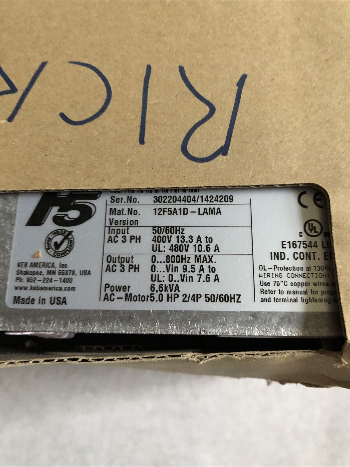 New Keb 12F5a1d-Lama Combivert F5 Drive  Power 6,6Kva Ac 5.0Hp 2/4P,Dg