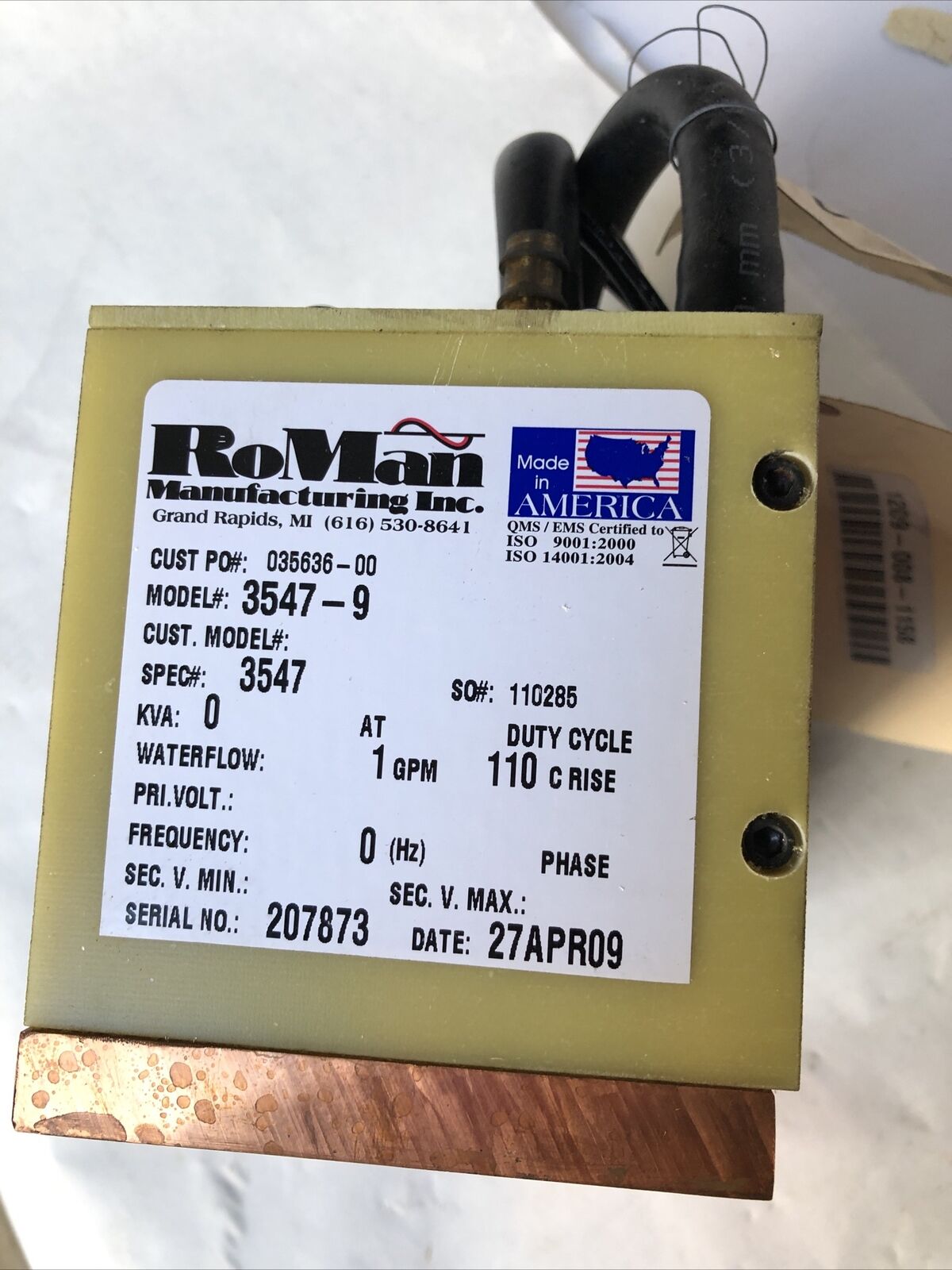 New Roman Manufacturing 3547-9 Fixture Type Transformer/Grounding Reactor,Fj