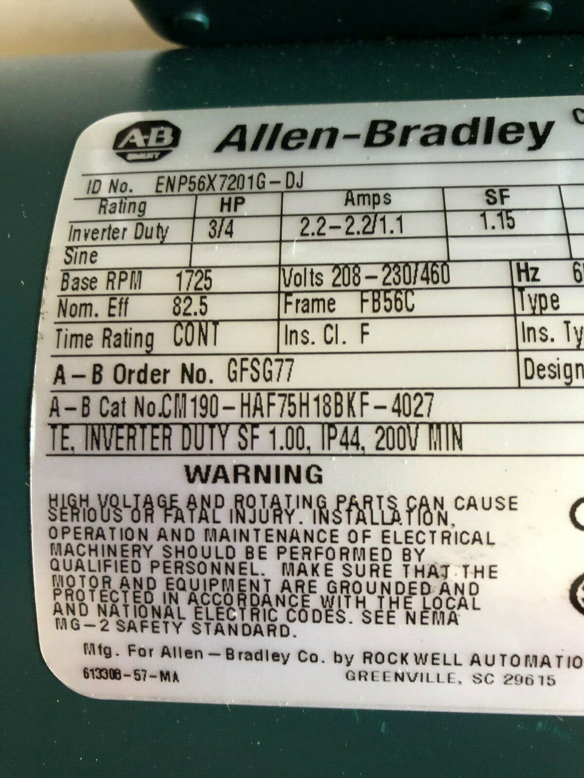 New Allen-Bradley Enp56x7201g-Dj,1725 Rpm,3/4Hp Inverter Duty Motor Unit,Fe