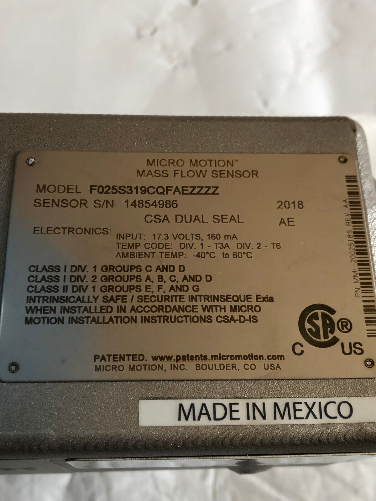 New Micro Motion F025s319cqfaezzzz Csa Dual Seal,Mass Flow Sensor,Flow Cal,An