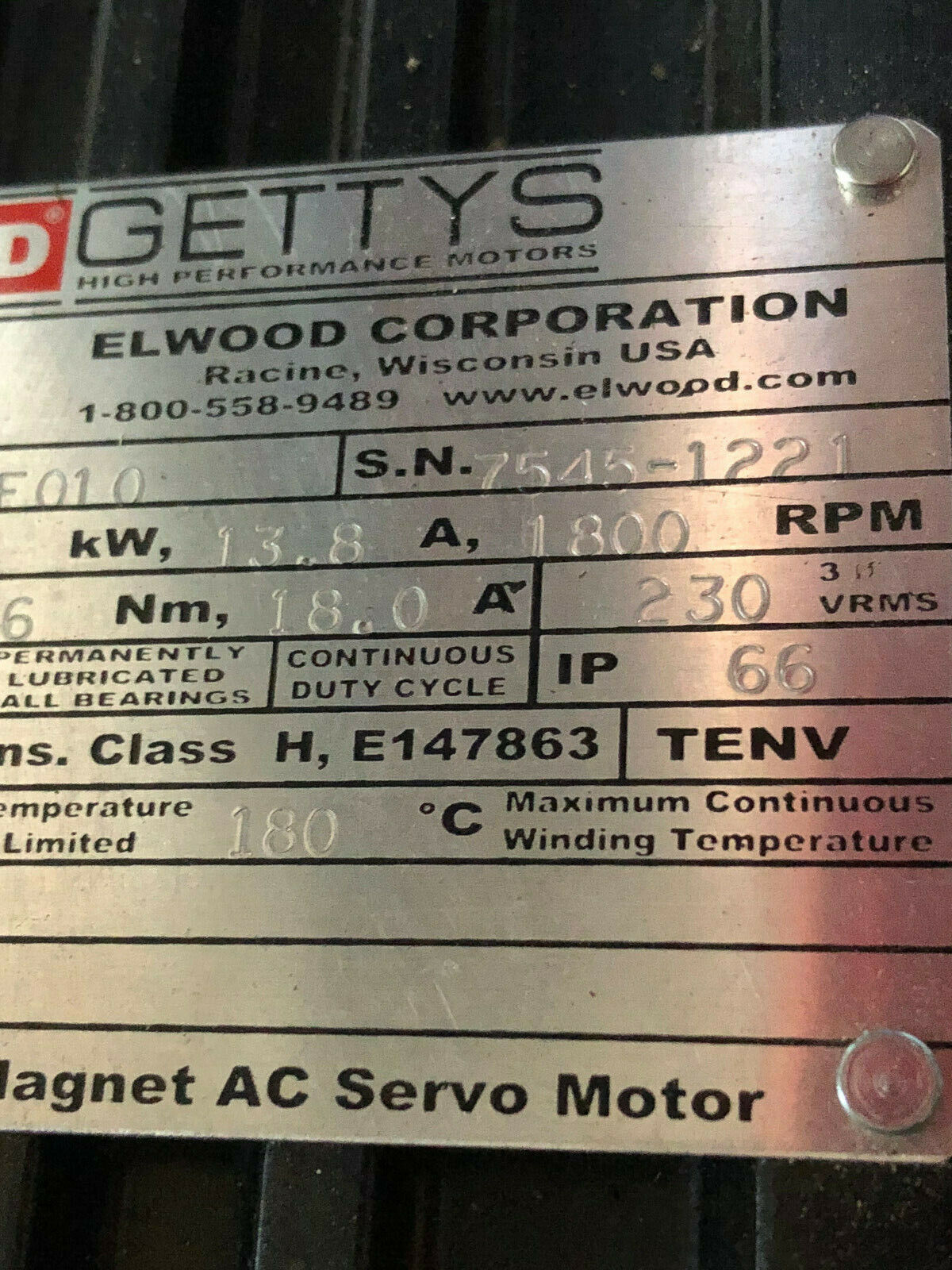 New Elwood Gettys S74d-F00-F010 Ac Servo Motor,4.34Hp,800-Rpm,230Vac,Td
