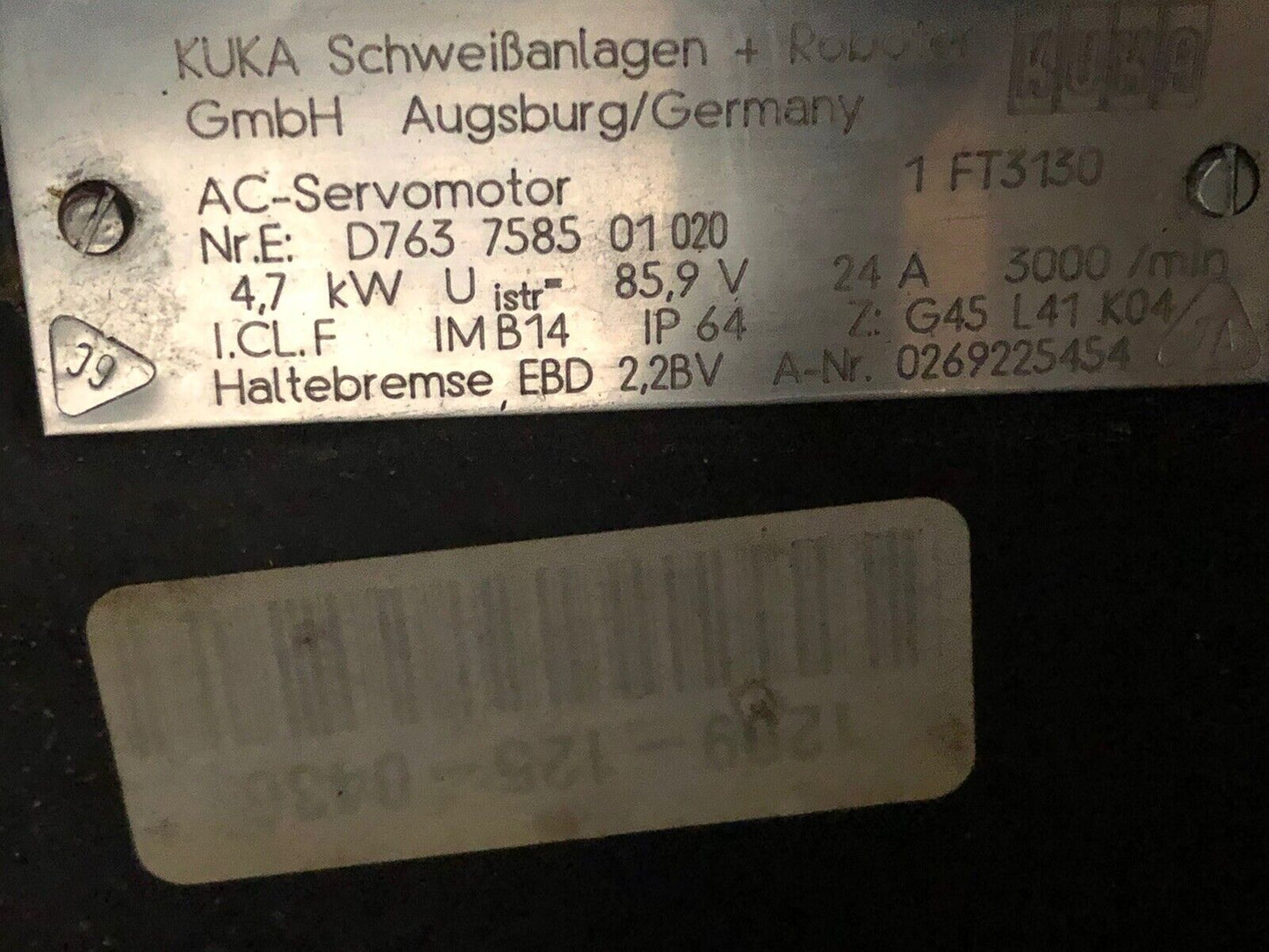 Kuka D763 7585 01 020,1 Ft3130,Ac Servo Motor,24A,4.7Kw,3000Rpm,Ac-Servomotor,Ak