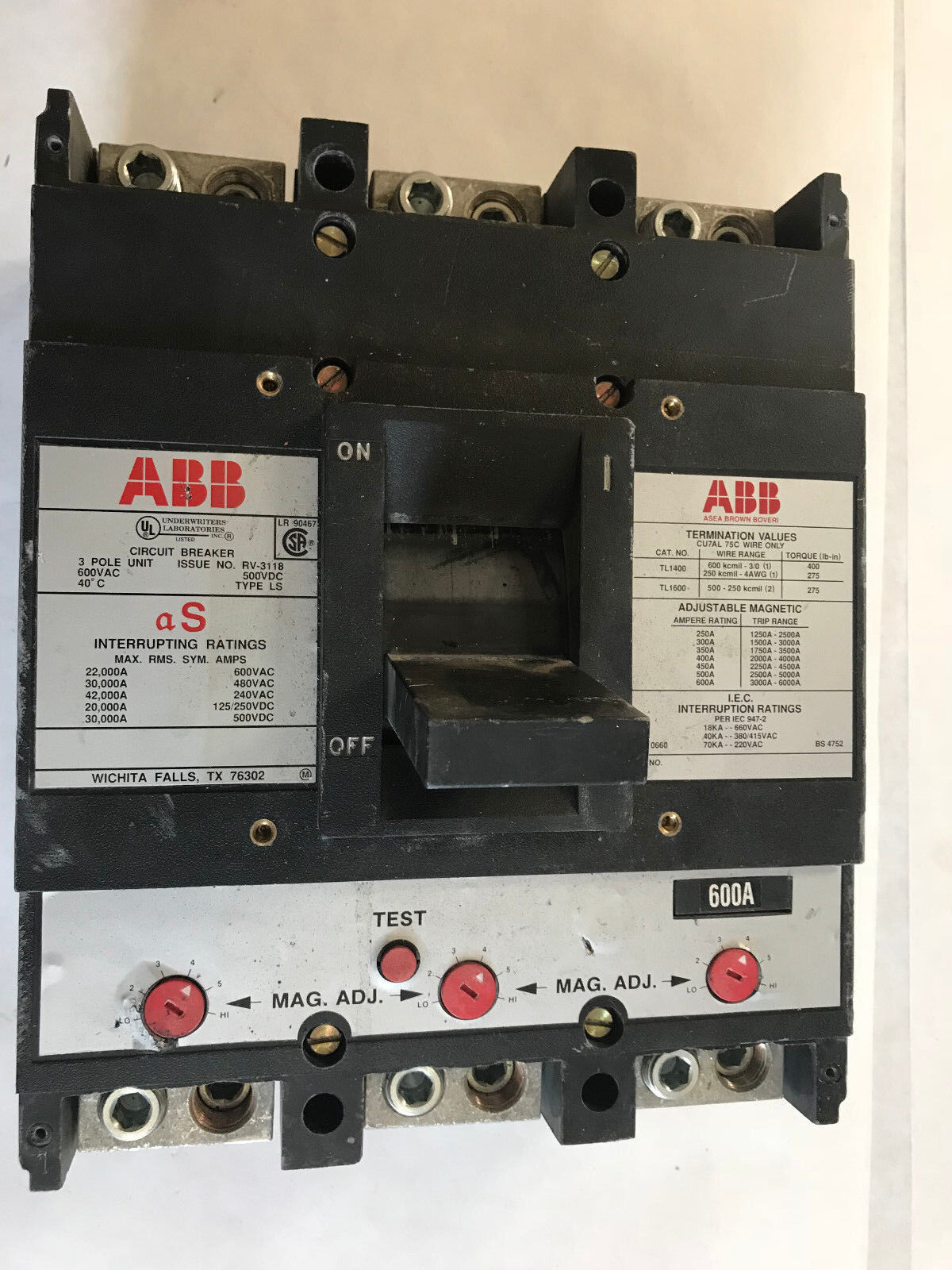 Abb Tl1400,Abb Ls,Abb Tl1600,Circuit Breaker,3 Pole 600A 600Vac 125/250Vdc,Sa