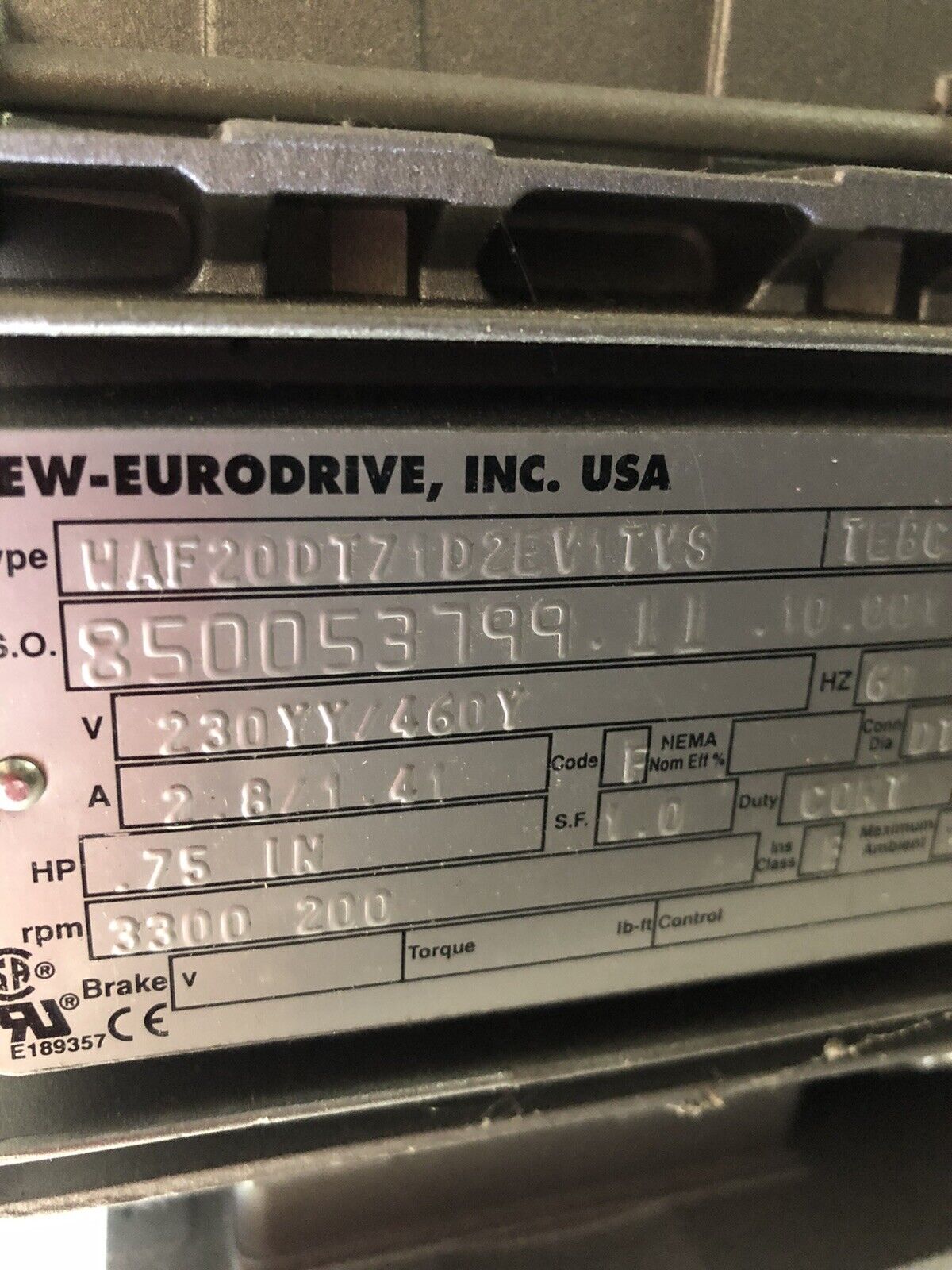 New Sew Eurodrive Waf20dt71d2ev1tvs 3Ph ,A2e170-Af25-12,0182-3582,Tb
