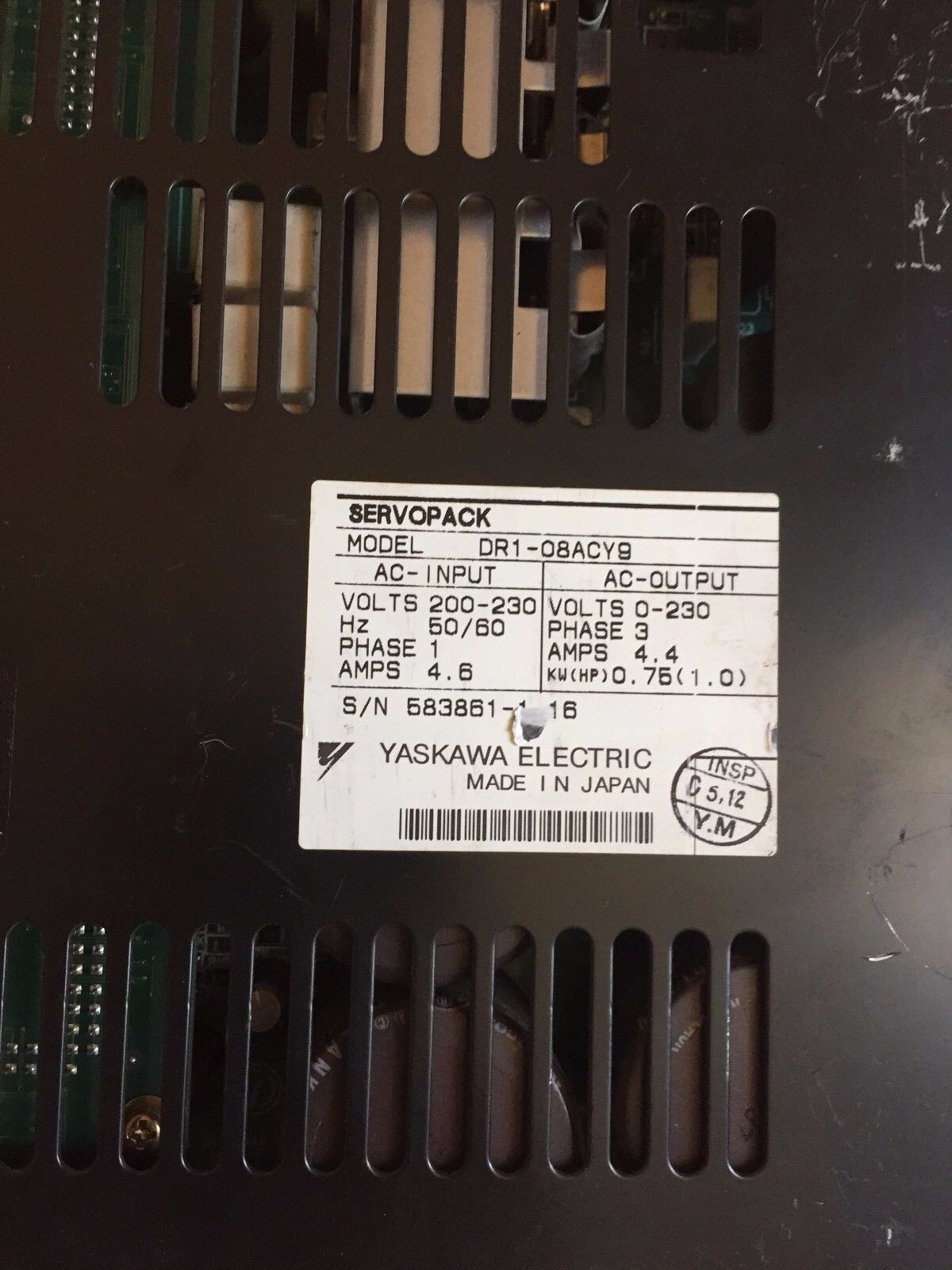 Yaskawa Dr1-08Acy9 Servopack 4.4Amp 0-230Vac 750W 1Hp 3Ph,Dr1-O8acy9,Ev