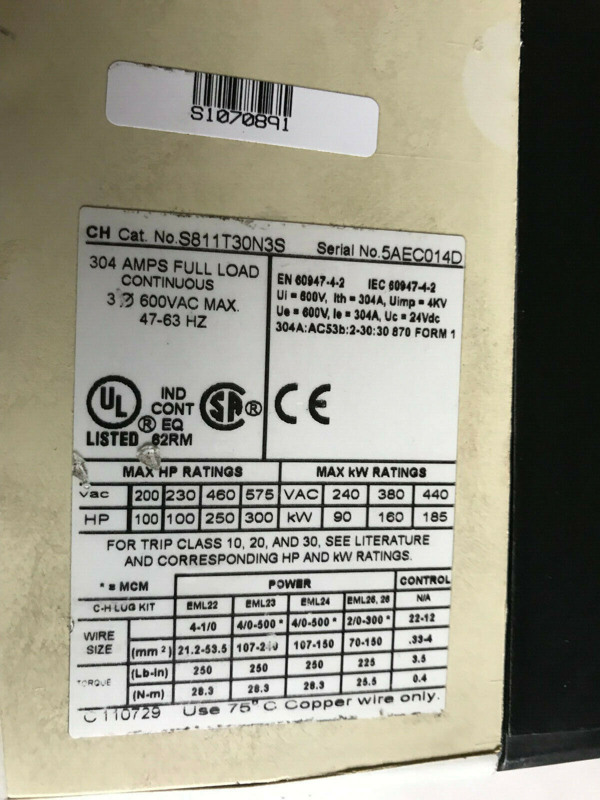 Cutler Hammer S811t30n3s Soft Start Reduced Voltage Motor Starter,3-1641-010E,Sm