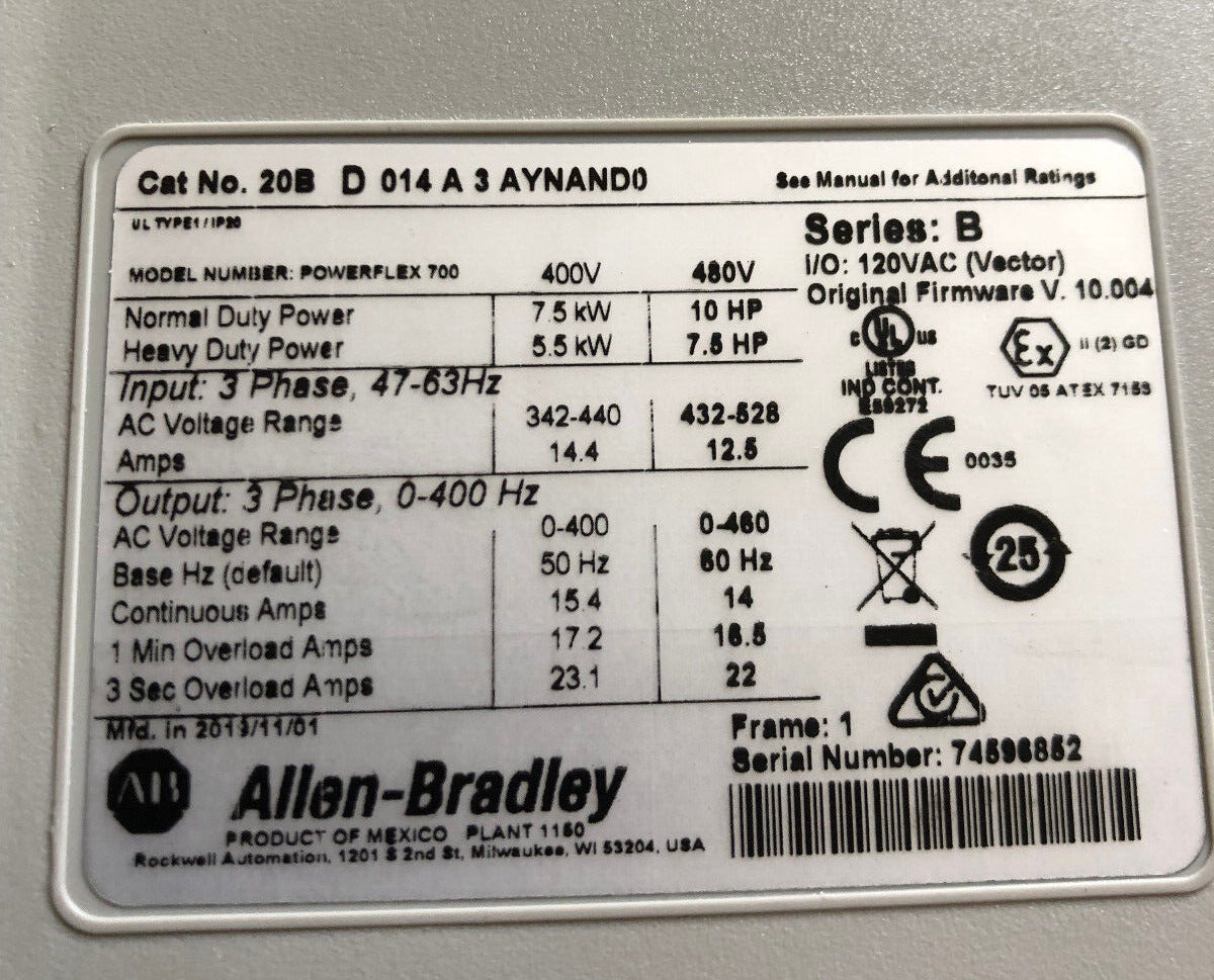 New Allen Bradley 20Bd014a3aynand0 /B Powerflex 700 Ac Drive 480V 14Amps,10Hp,Ay