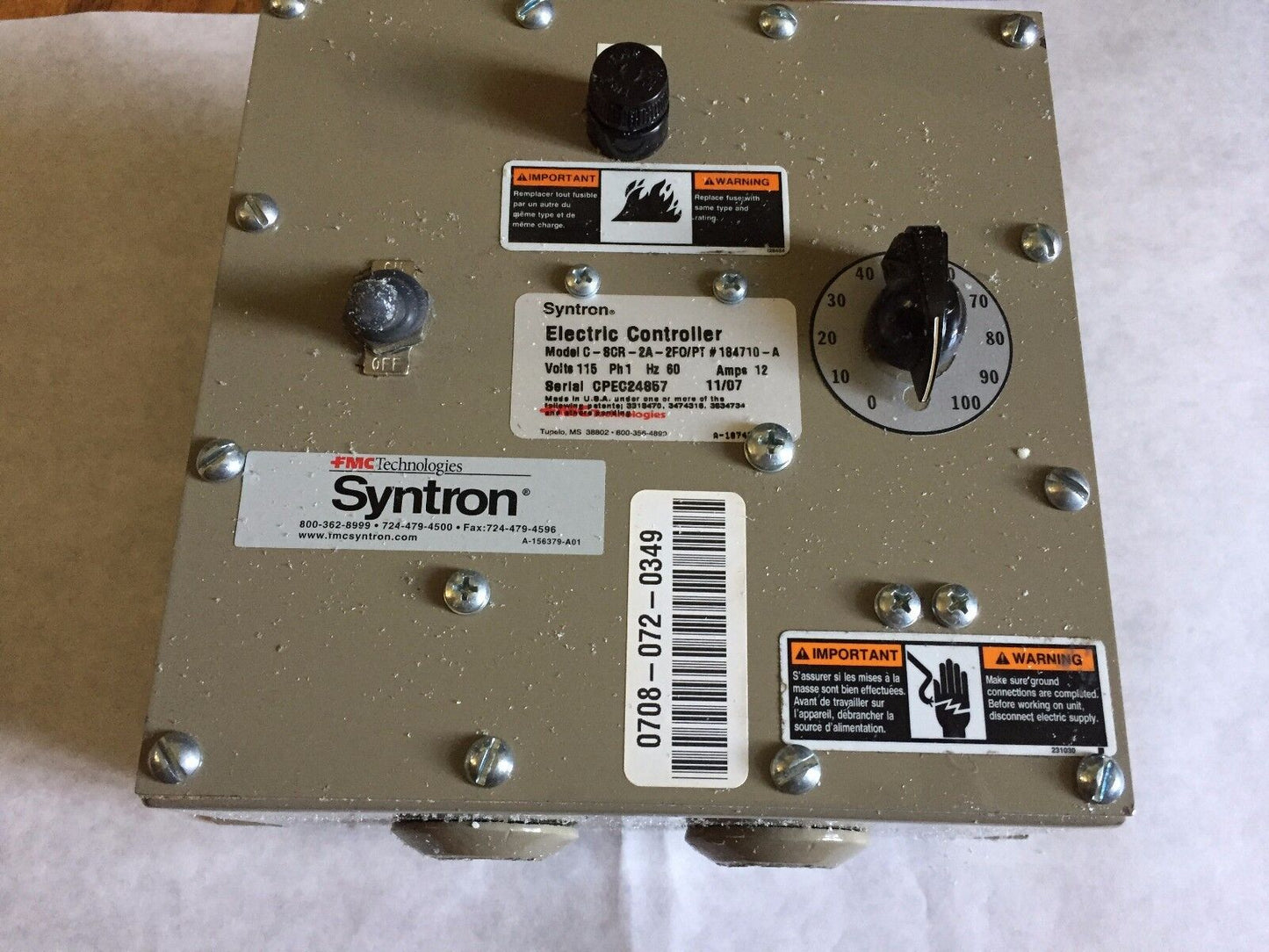 Syntron C-8Cr-2A-2Fo/Pt,#184710-A 112V Ph1 12A Electric Controller,Av