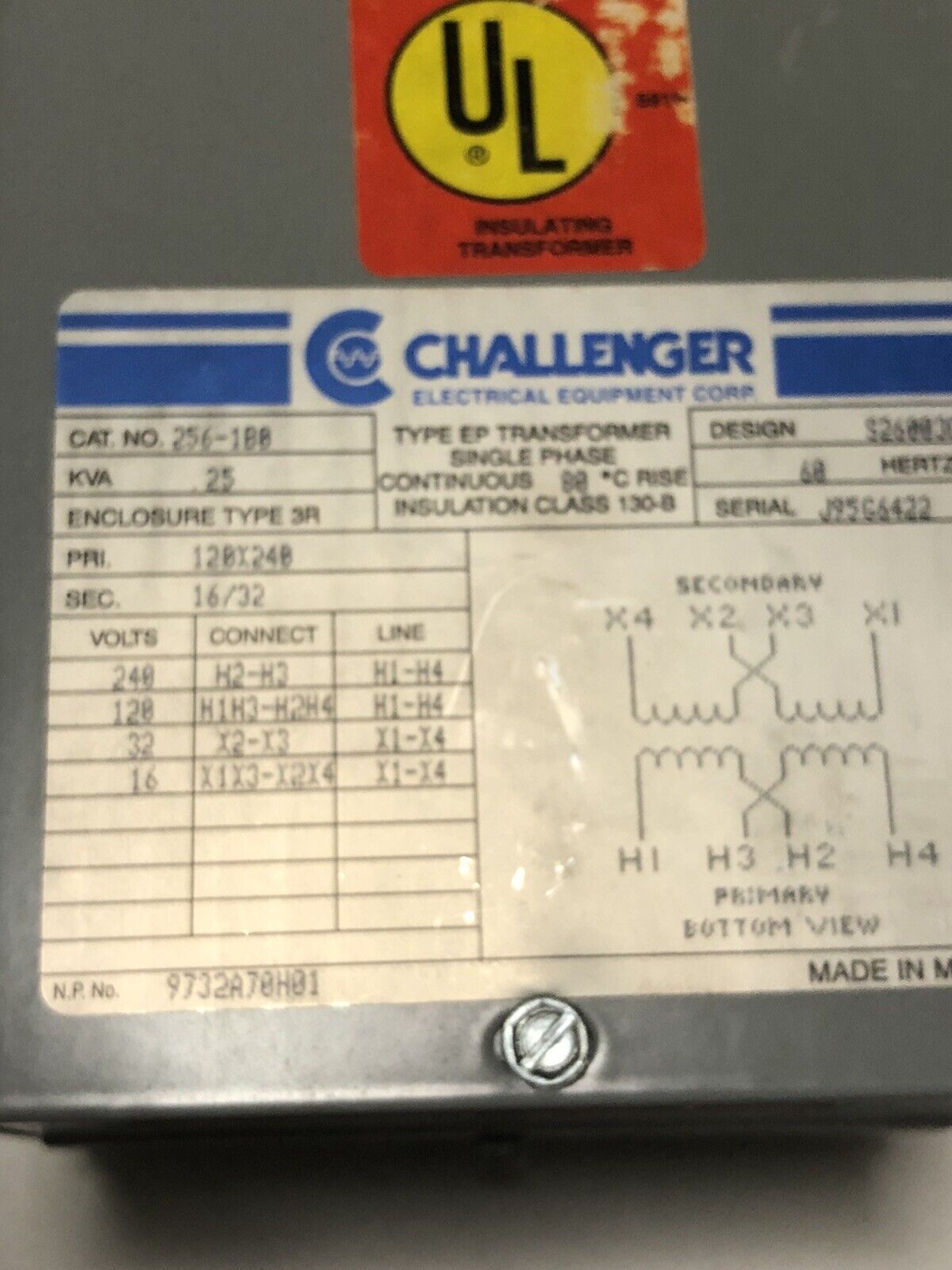 New 256-1B0 Challenger Transformer 1Ph 120/240V 60Hz .25Kva,S26003ch,120X240,Ez