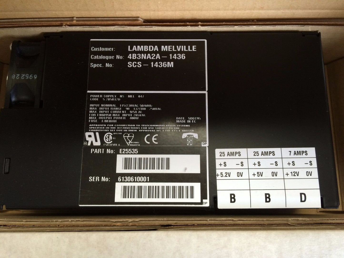 New Lambda 4B3na2a-1436 Power Supply 5.2V 25Amp 5V 25Amp +12V 7Amp 400W Cv