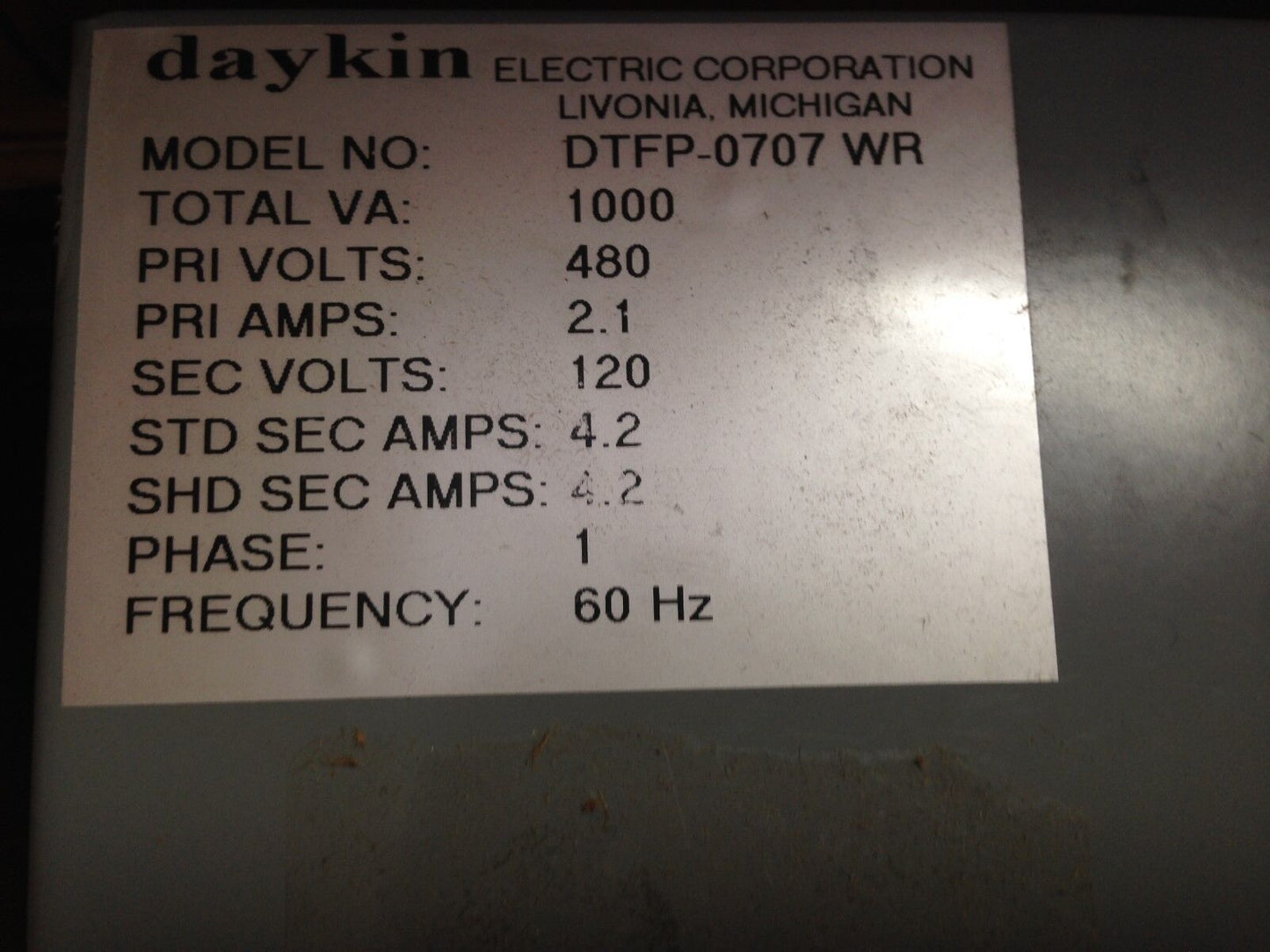 New Daykin Dtfp-0707 Wr Transformer 1000 Va,480 Volts, 2.1 Amps 1 Phase,Am
