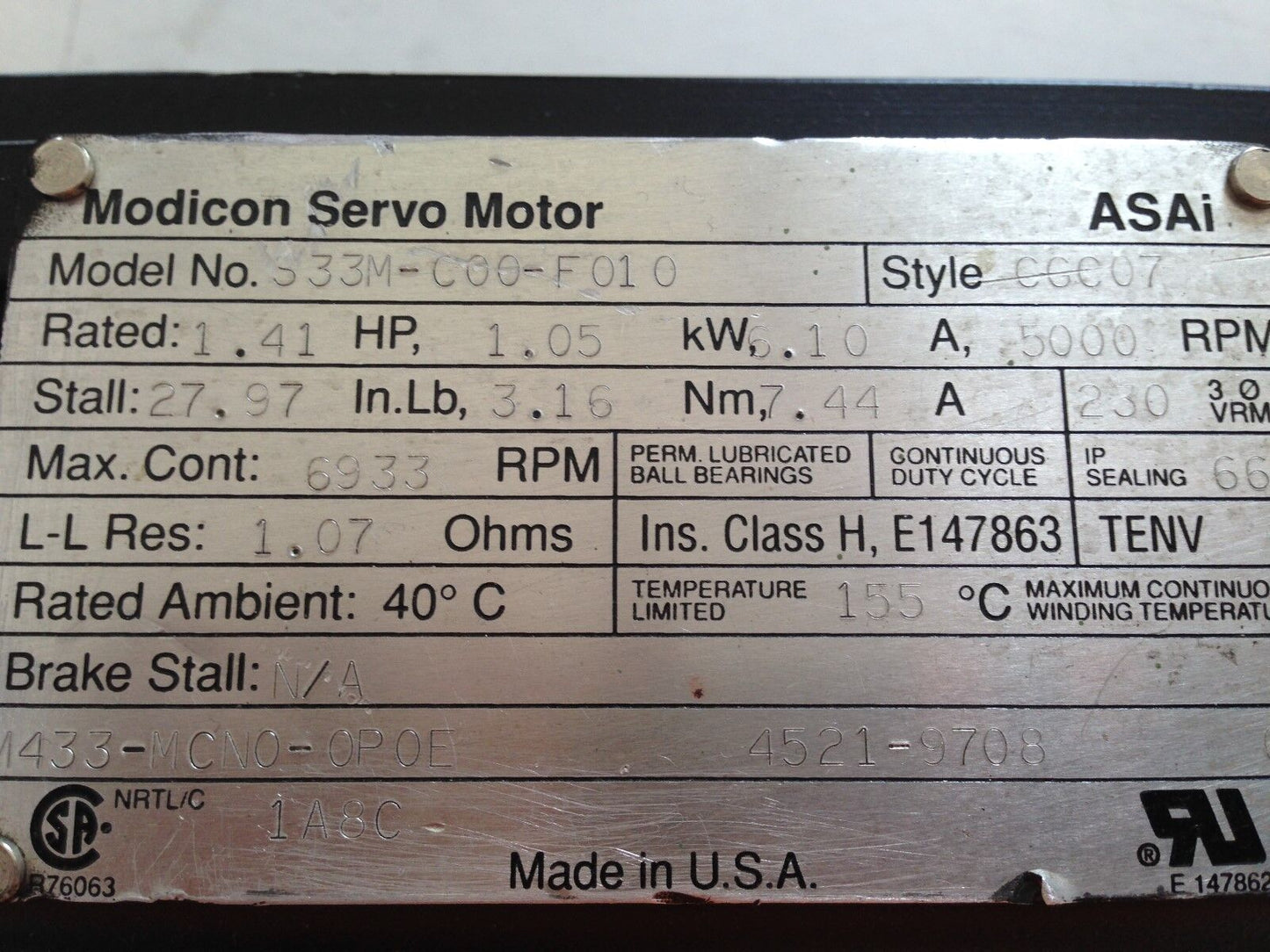Modicon S33m-C00-F010 Ac Servo Motor Robotics 533M-C00-F010  Cgc07,E147863,Ef