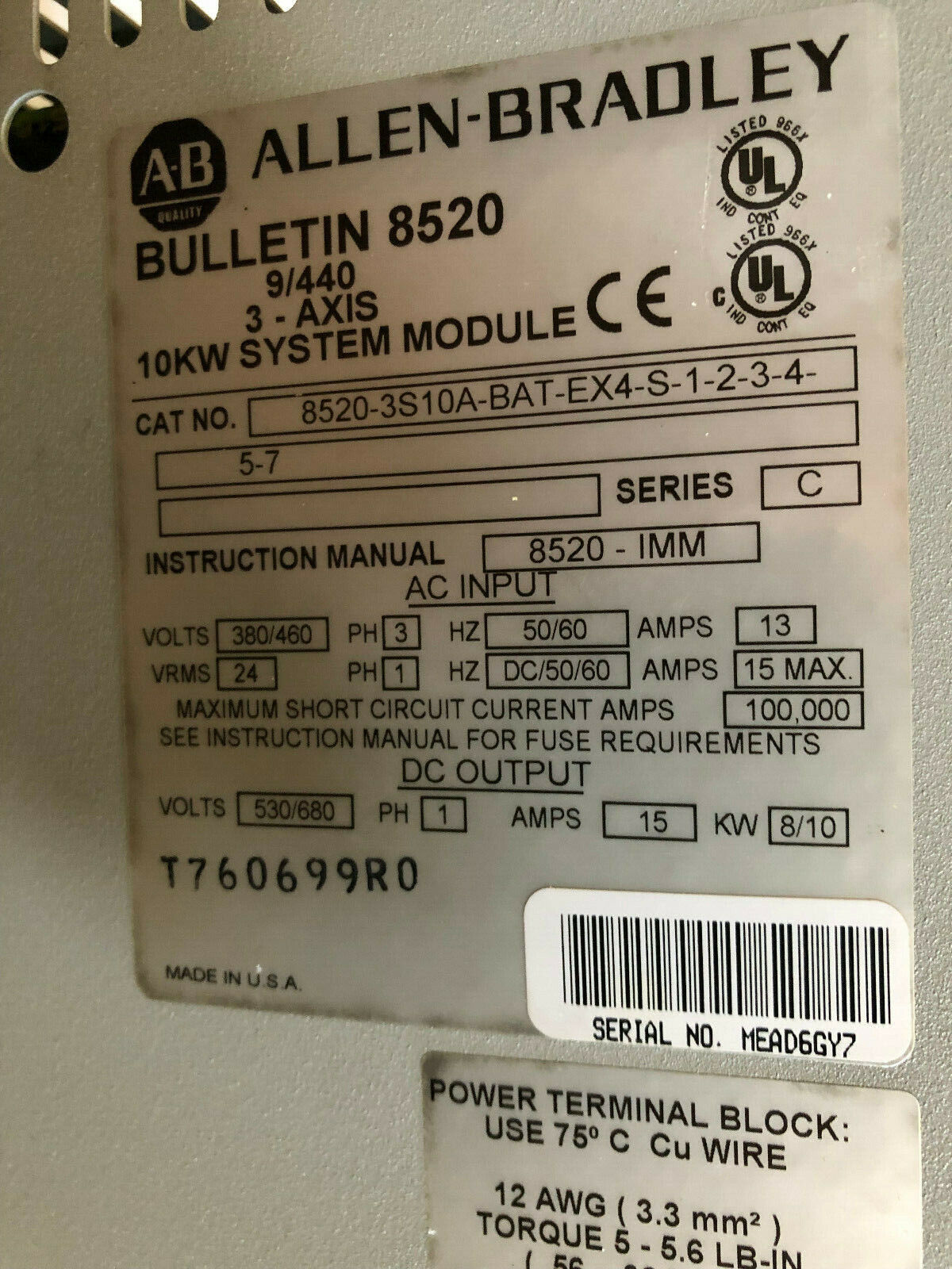 Allen Bradley 8520-3S10a-Bat-Ex4-S-1-2-3-4-5-7,85203Apa1,10Kw Servo Drive,Bo