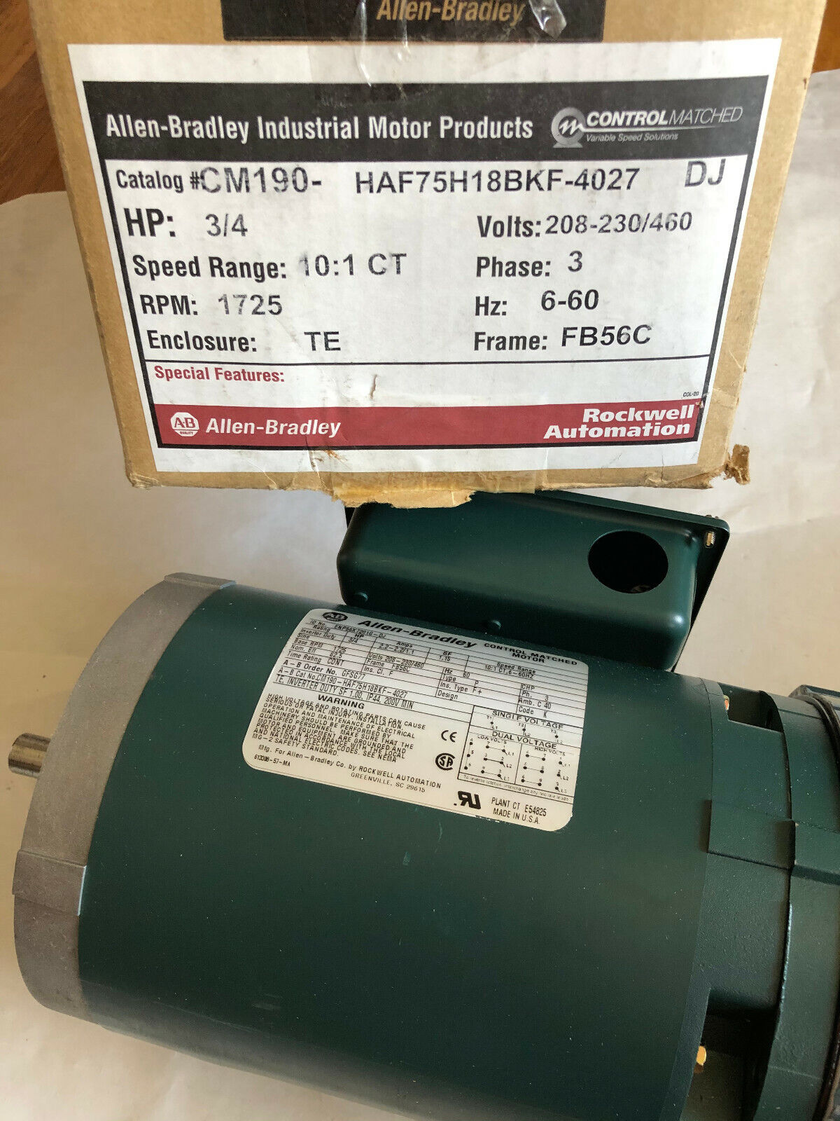 New Allen-Bradley Enp56x7201g-Dj,1725 Rpm,3/4Hp Inverter Duty Motor Unit,Fe