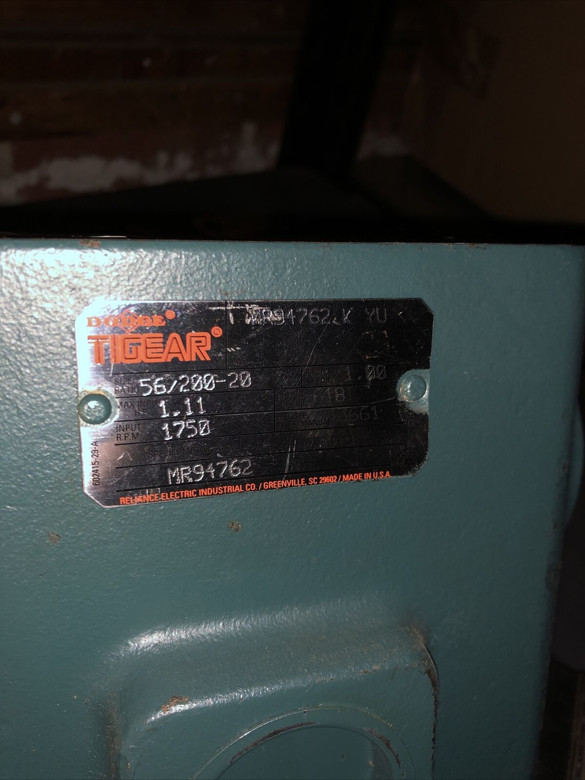 Dodge Mr94762-K1,Tigear Mr94762 K Yu Gear Box, 20:1 Ratio 56 Frame,56/200-20,An