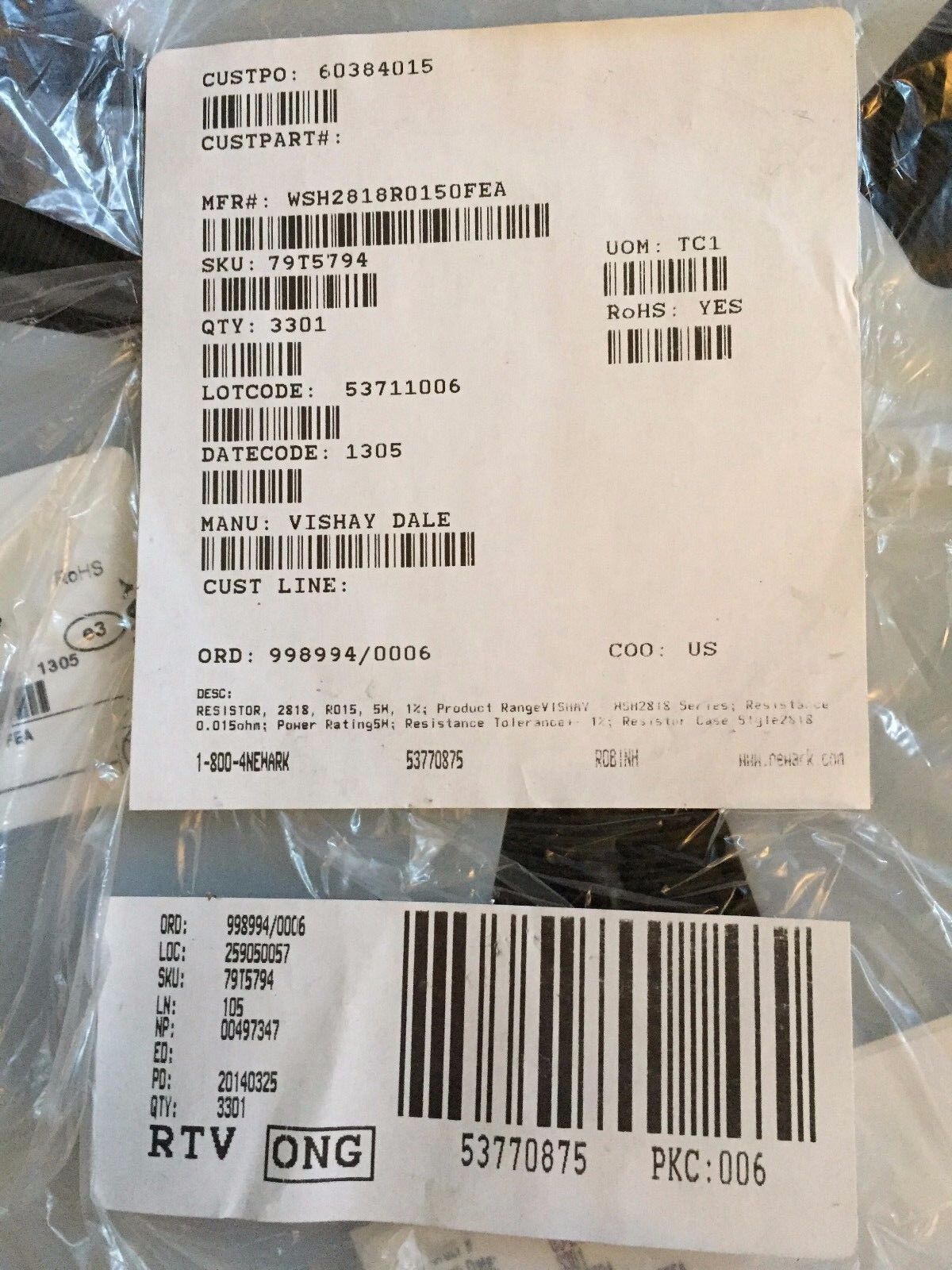 New Lot 3301 Vishay Wsh2818r0150fea Dale Resistor, 2818, R015, 5W,1% ,Ei