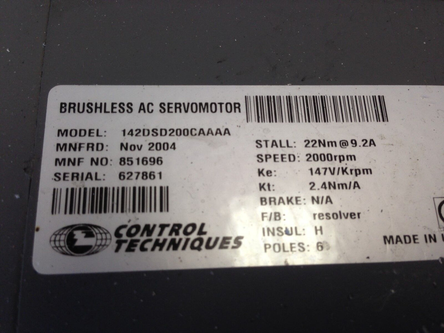 New Control Techniques 142Dsd200caaaa Ac Servo Mo,Dutymax Ds Motor, 147 Vac,Te